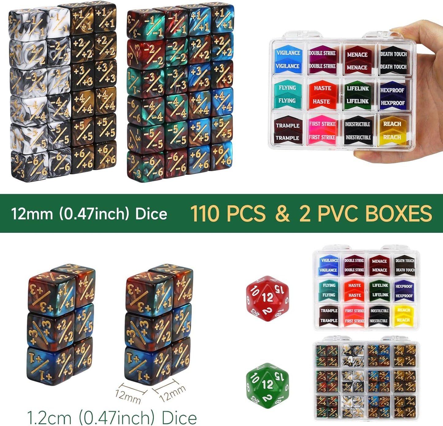 110 Pieces MTG Keyword Tokens 12mm Counters Dice for Magic The Gatering, MTG Abilities Keyword Buff Tokens D6 D20 Life Counter Dice for TCG CCG Magic Card Games Accessories