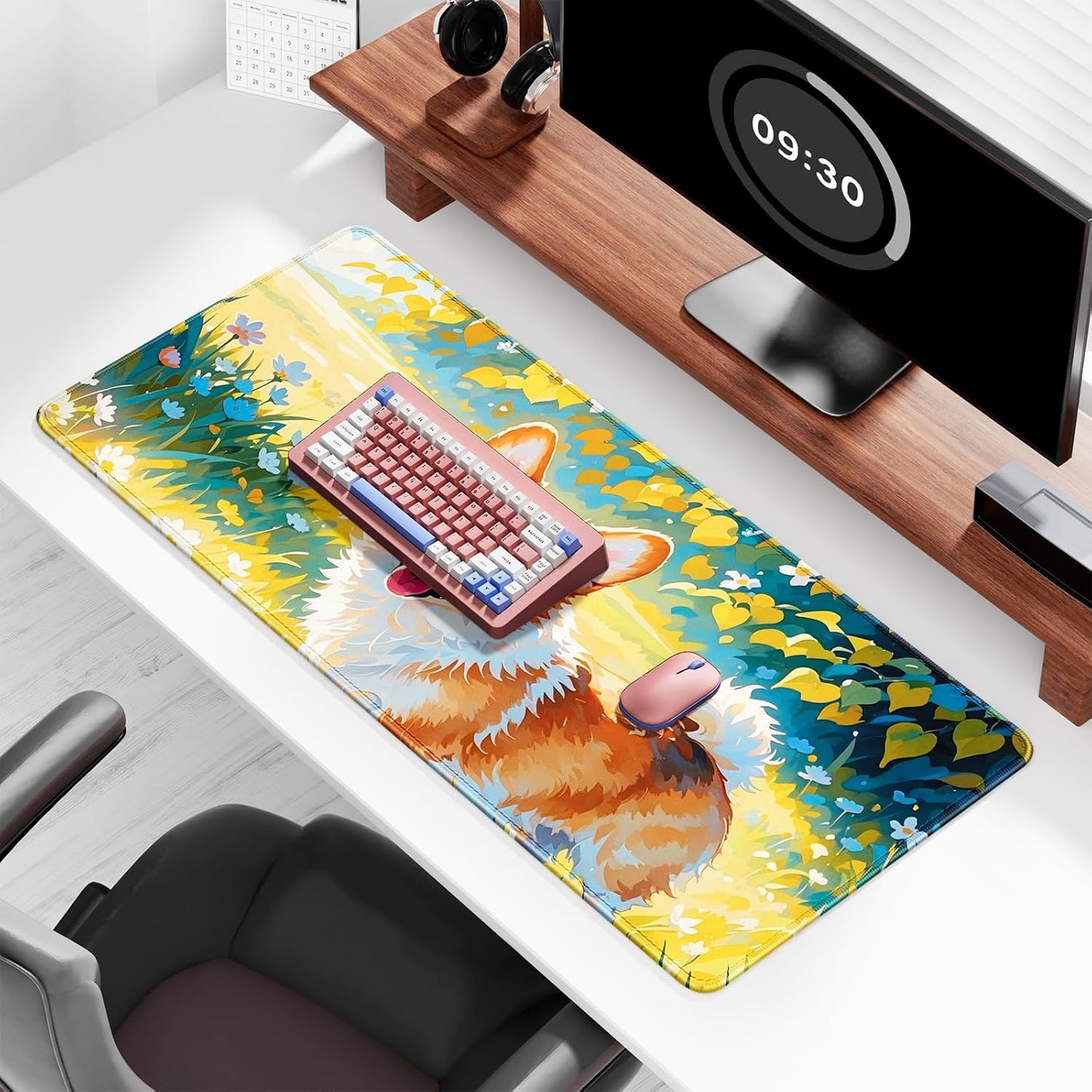Auhoahsil Large Gaming Mouse Pad, Animal Theme XXL 35.4 x 15.7 in Desk Pad Stitched Non-Slip Rubber Long Computer Mousepad Thin Extended Full Size Desk Mat for Desktop, Laptop, Wireless Mice, Corgi