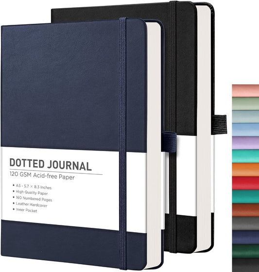 RETTACY Bullet Dotted Journal Notebook, 2-Pack, 160 Numbered Pages per Pack, A5 Medium Size (5.7'' x 8.3''), 120 GSM Thick Paper, Leather Hardcover, for Bullet Journaling (Black & Navy Blue)