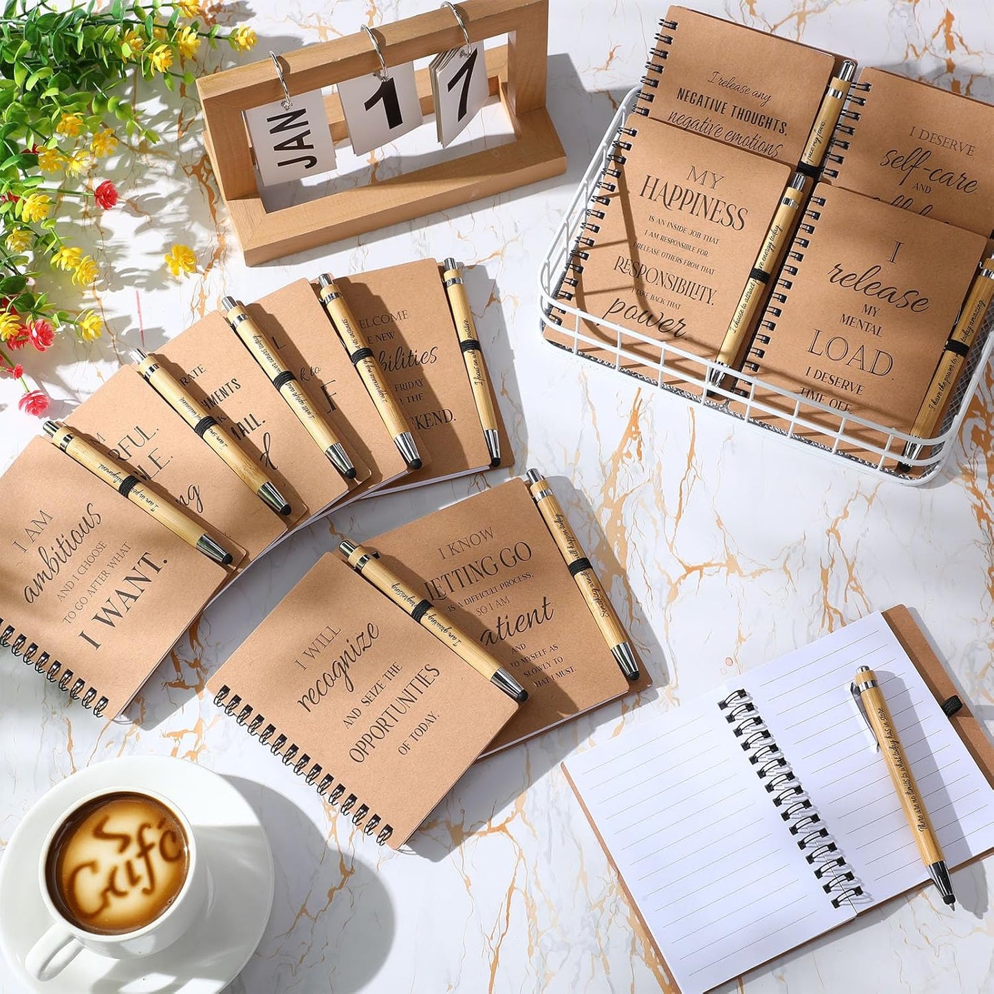 Pasimy 96 Pcs/48 Set Bulk Positive Affirmation Spiral Notebooks with Bamboo Pen Daily Affirmation Gift Set Motivational Encouragement Notepad Small Journals 5.5 x 3.9 inch for Women Self Care