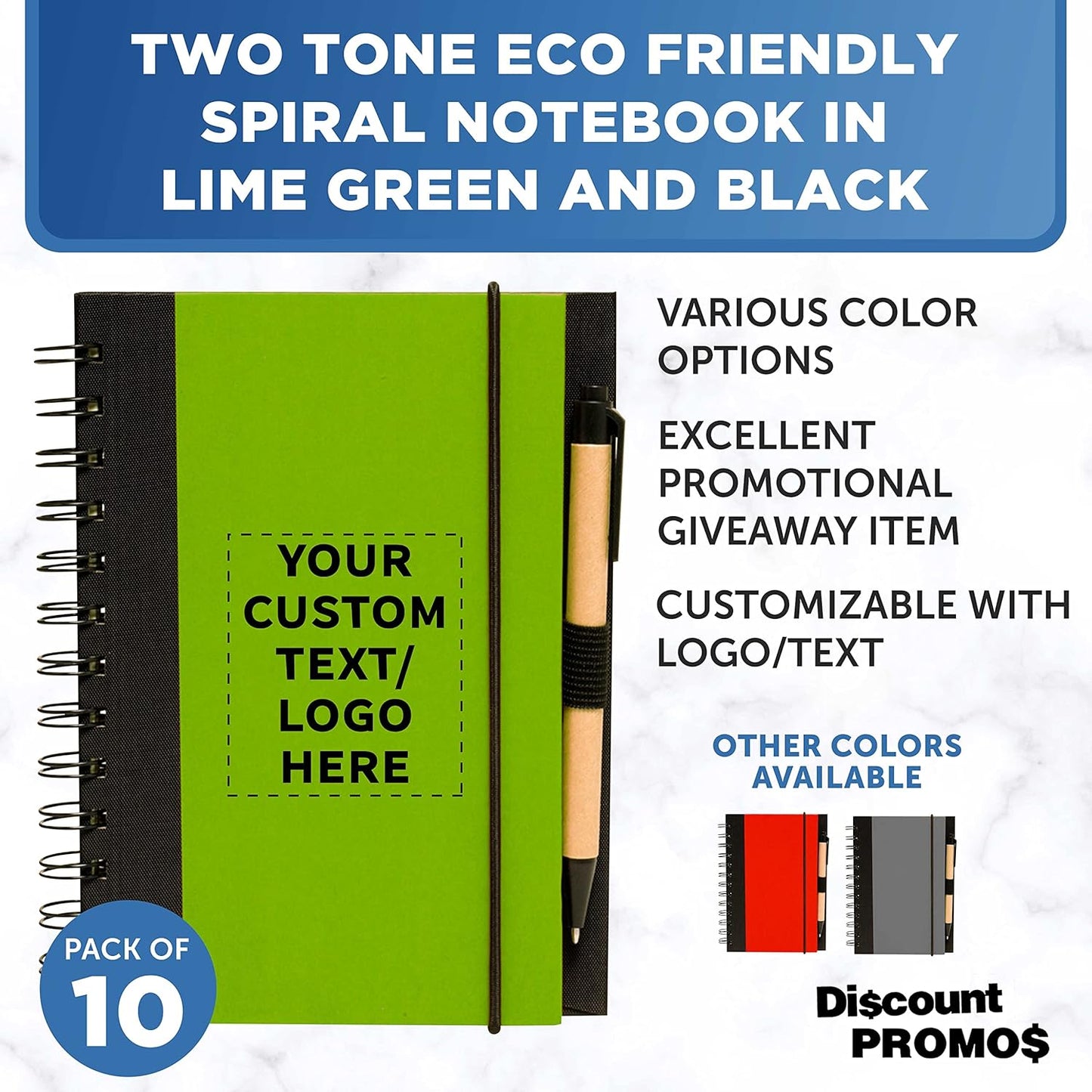 DISCOUNT PROMOS Custom Eco Block Notebooks with Pens Set of 10, Personalized Bulk Pack - Perfect for School, Office, Business, Home - Lime Green