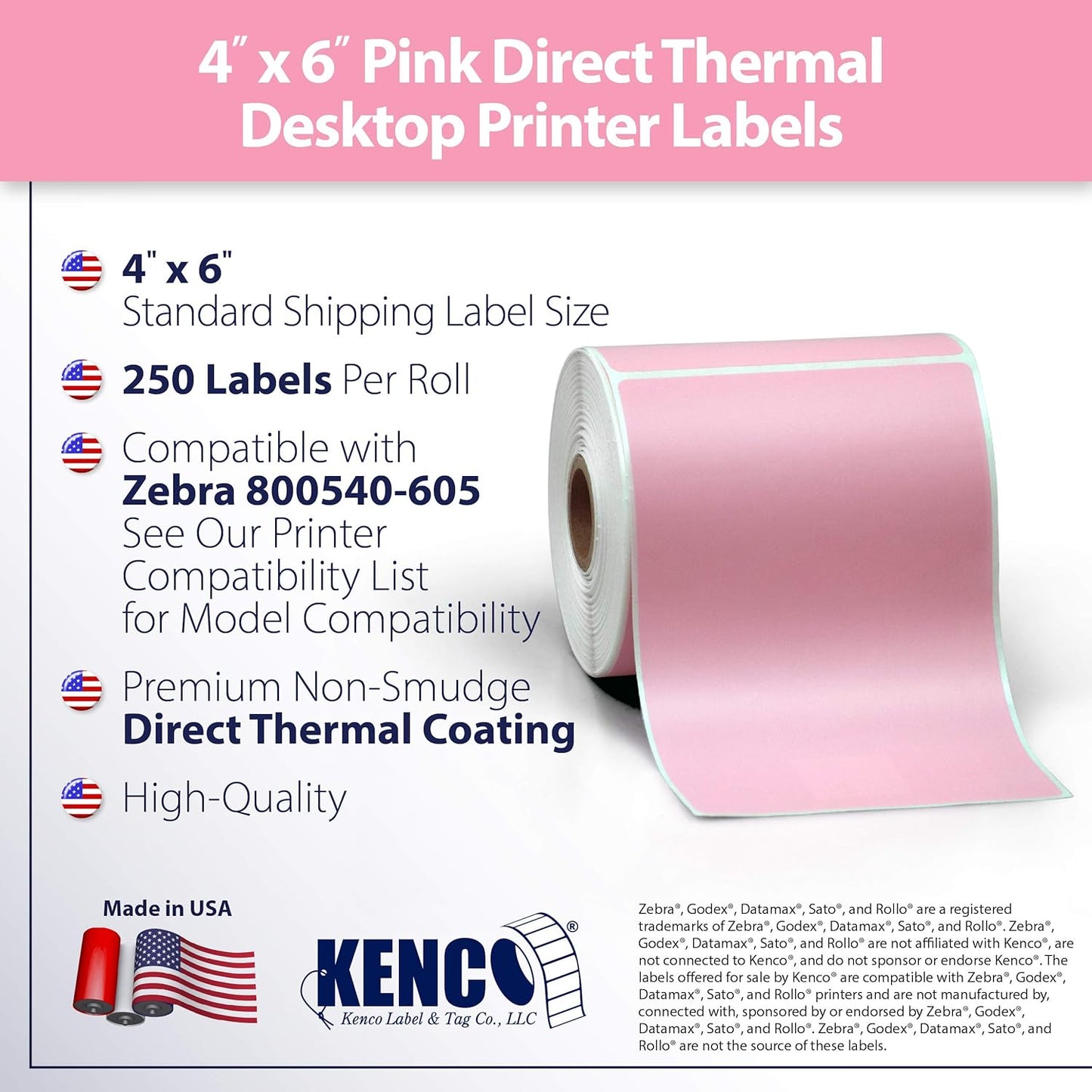 4" X 6" Direct Thermal Perforated Stickers Labels for Shipping Labels, Inventory, and Color Coding - Compatible with Zebra, Rollo, Godex and More (Pink, 24 Rolls)