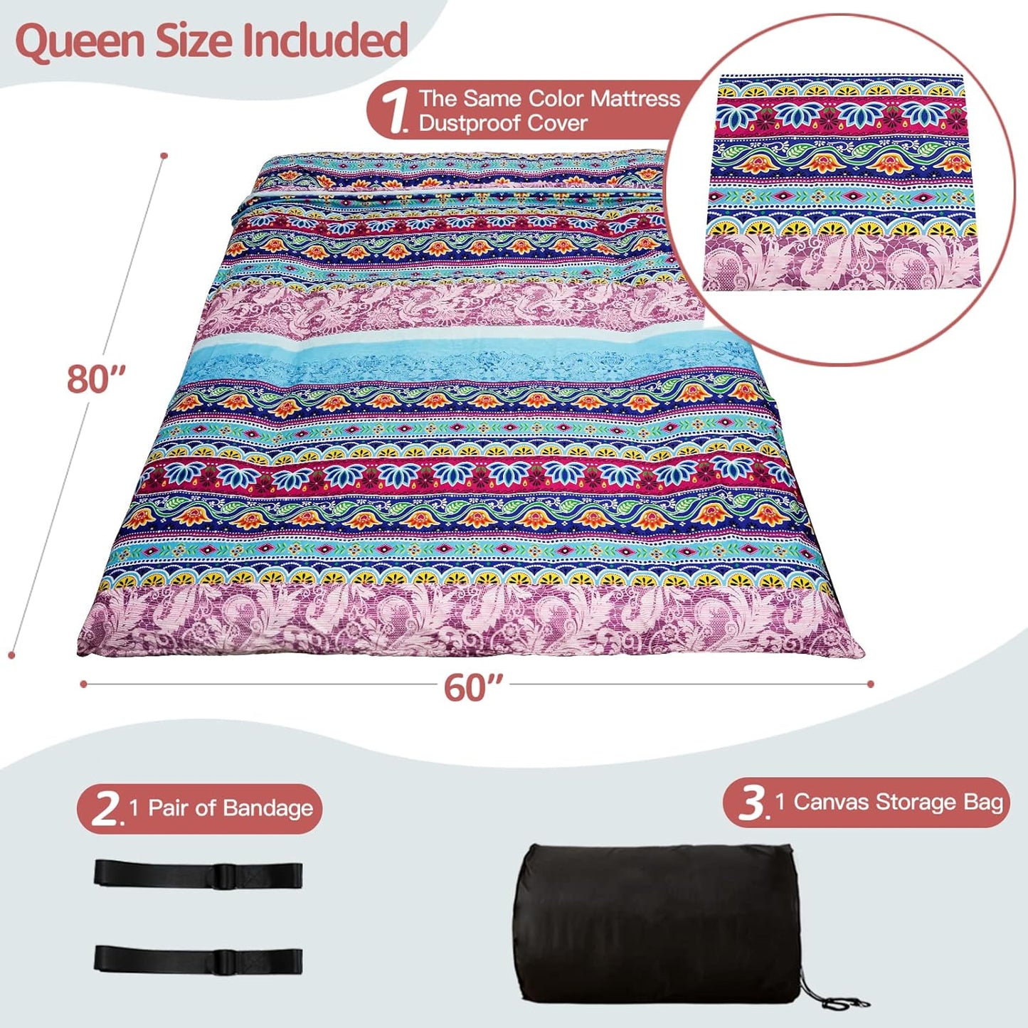 MAXYOYO Bohemian Vintage Floral Japanese Futon Mattress - Roll Up Tatami Floor Mat, Foldable Bed, Portable Camping Mattress, Sleeping Pad, Floor Lounger, Couch Bed - Queen Size