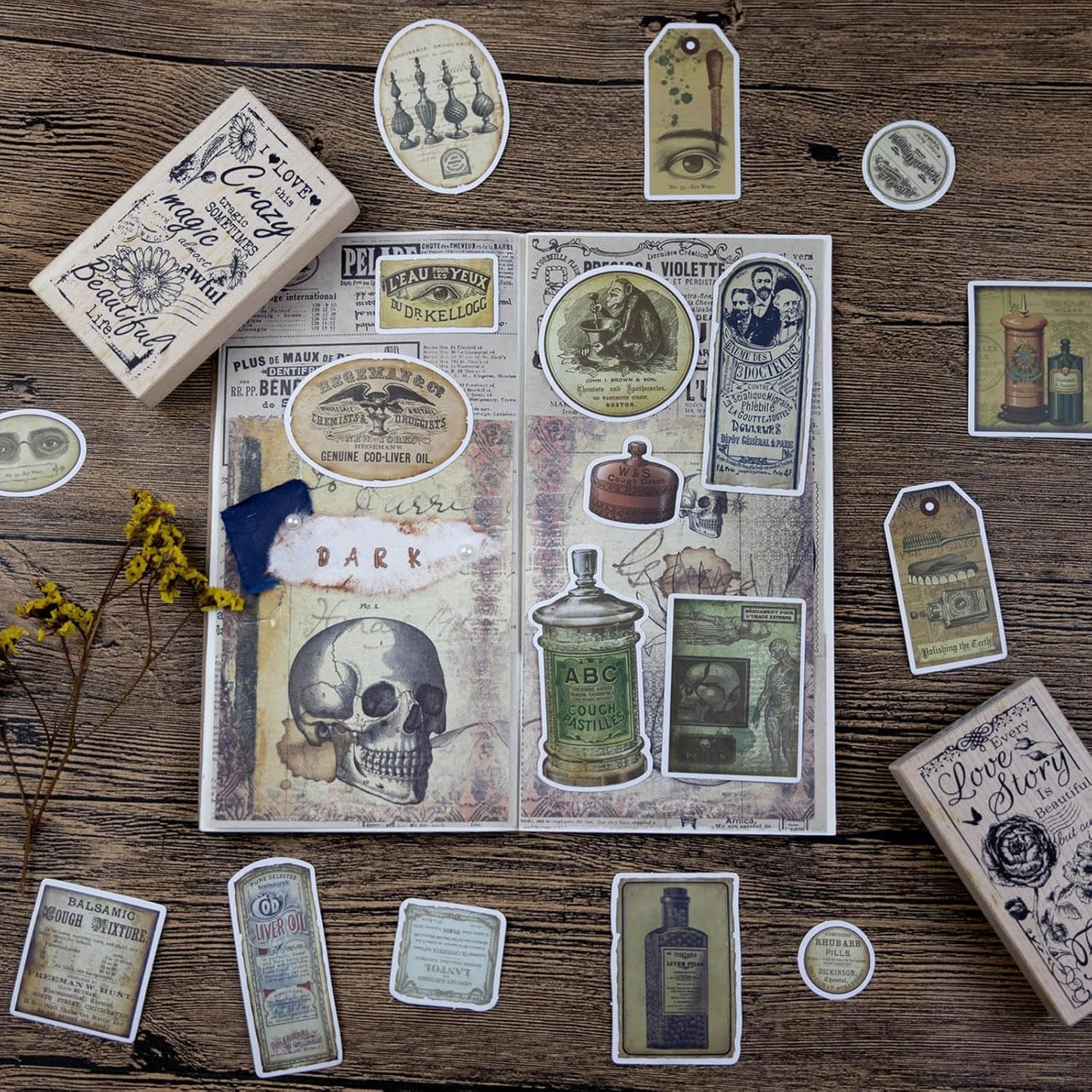 Prstincol 120 Pcs Vintage Apothecary Potion Label Stickers for Journaling, Dark Aesthetic Scrapbook Supplies Ephemera for Junk Journal Bullet Journal DIY Crafts Album Collage