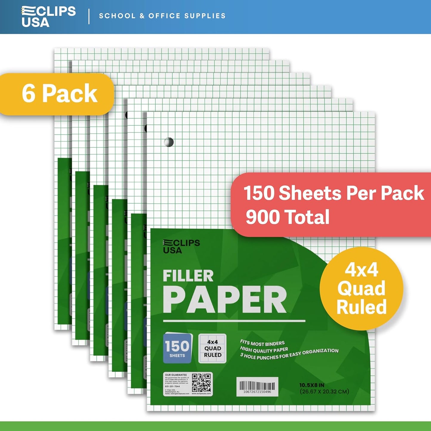 Graph Paper, Loose Leaf Graph Paper, 4 x 4 An Inch Quad Ruled Graph Paper, 10.5” x 8” Graphing Paper, 56 gsm, 150 Per Pack, 900 Sheets (6 Pack)