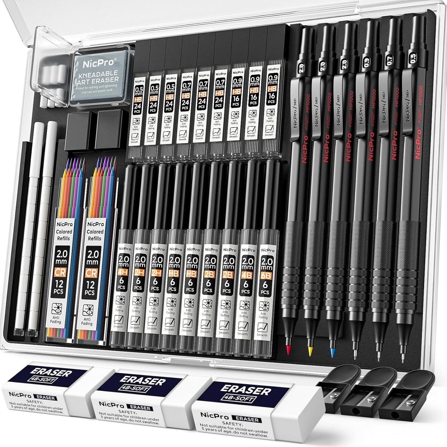 Nicpro 35PCS Black Metal Mechanical Pencils Set in Case, Art Drafting Pencil 0.5, 0.7, 0.9 mm & 3PCS 2mm Graphite Lead Holder for Drawing Sketching With 20 Tube Lead Refills(6B 4B 2B HB 2H 4H Colors)