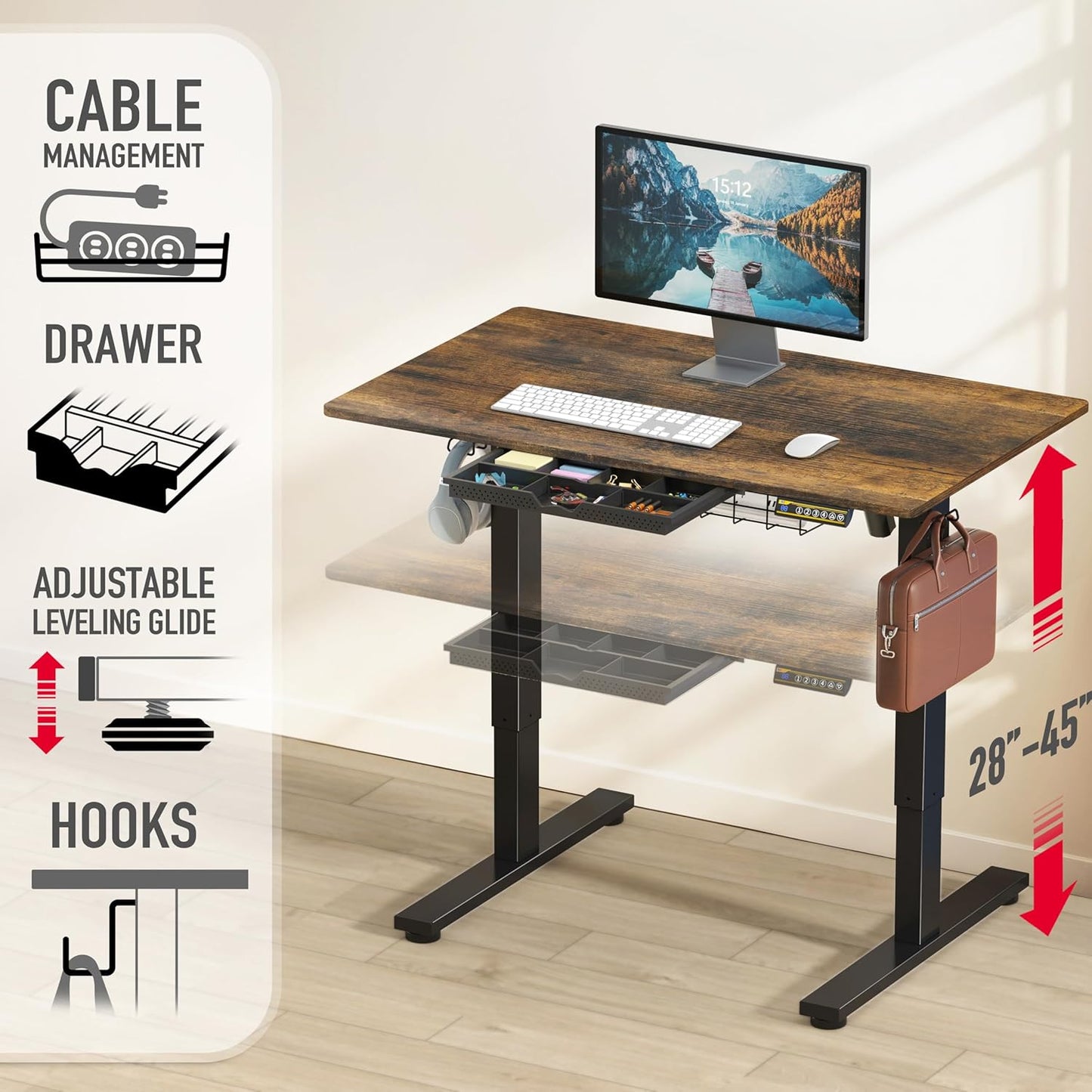 SHW 40-Inch Electric Height Adjustable Standing Desk with Drawer, Memory Preset and Cable Management Tray, Rustic Brown