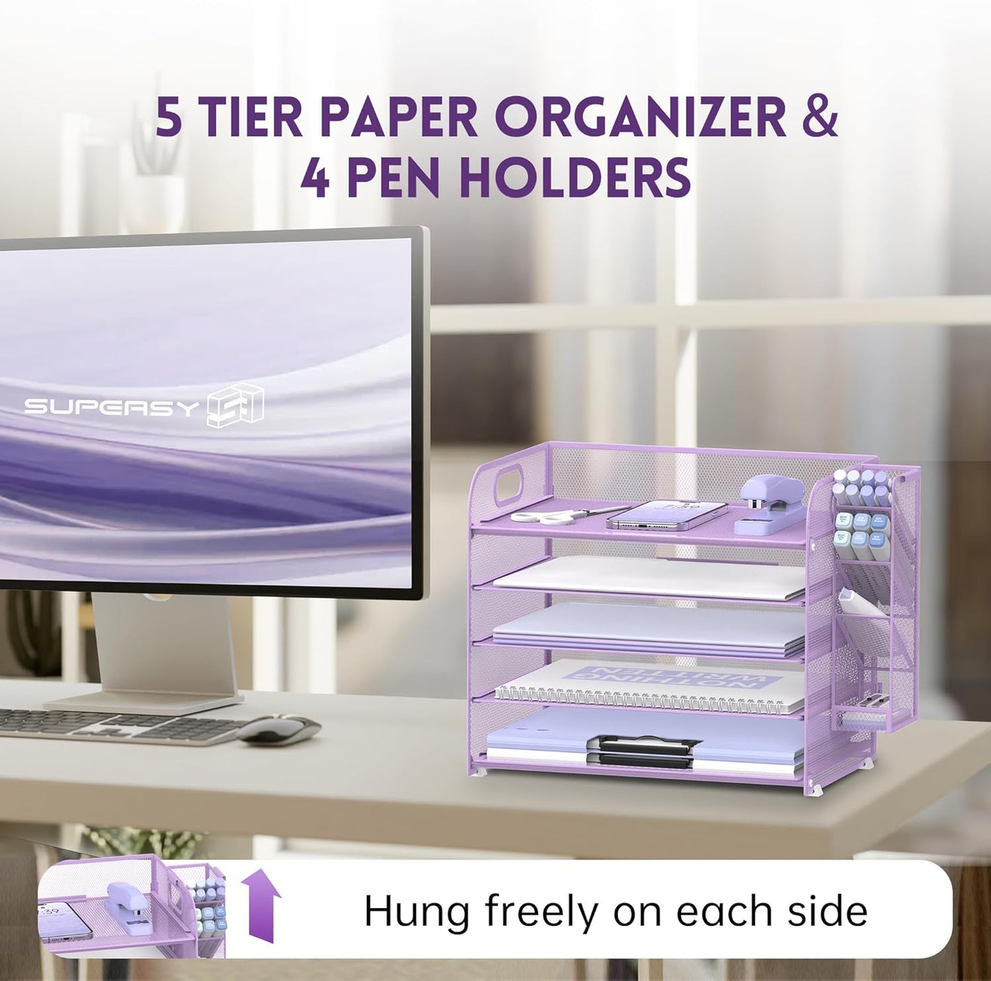 SUPEASY 5 Tier Desk Organizer with Handle & Removable Pen Holders, Mesh Paper/File Organizer for Desk, Paper Letter Tray Organizer for Office Supplies (Purple)