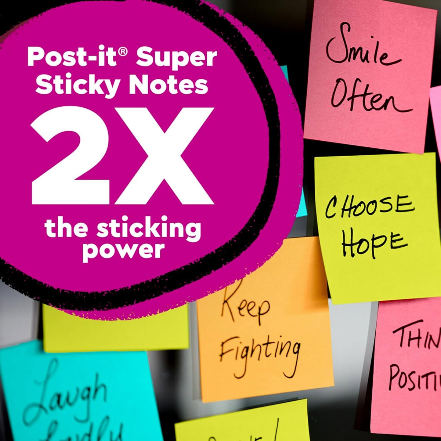 Post-it Super Sticky Notes, Assorted Bright Colors, 3x3 in, 15 Pads/Pack, 45 Sheets/Pad, 2X The Sticking Power, Recyclable, Multi-Color (Pack of 6)