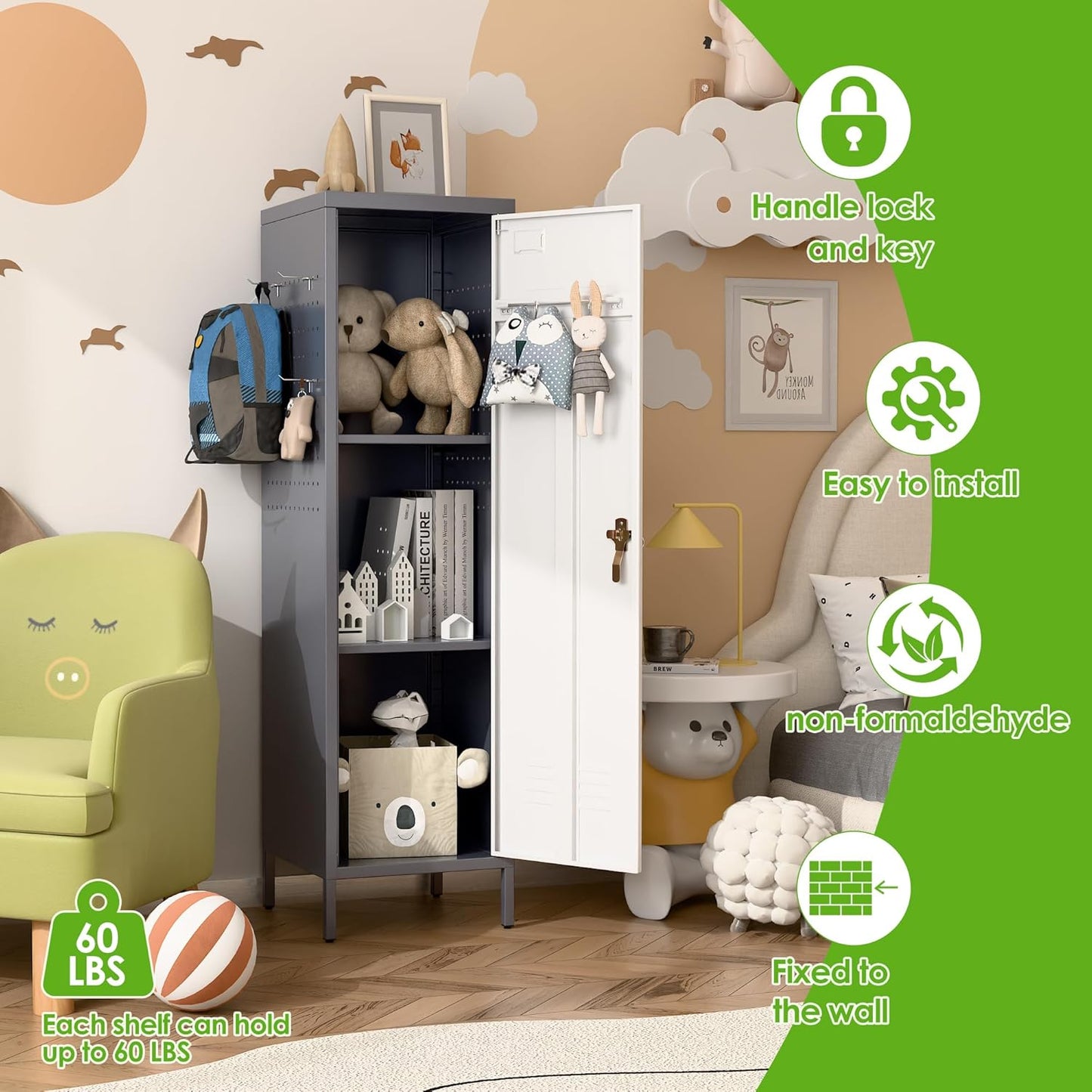 Aobabo Metal 54" H Metal Storage Locker for Employees, Lockable 1 Door with Towel Rack and 2 Side Pegboards with Hooks for Home School Office Gym, Assembly Required (Gray White)