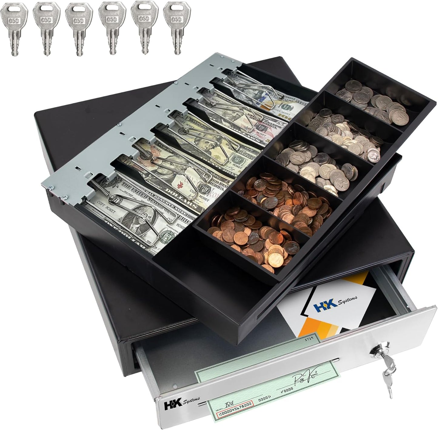 HK SYSTEMS 16" POS Cash Drawer Stainless Steel Front, Ball bearing slide, Heavy Duty POS with Removable Tray 5Bill/5Coin