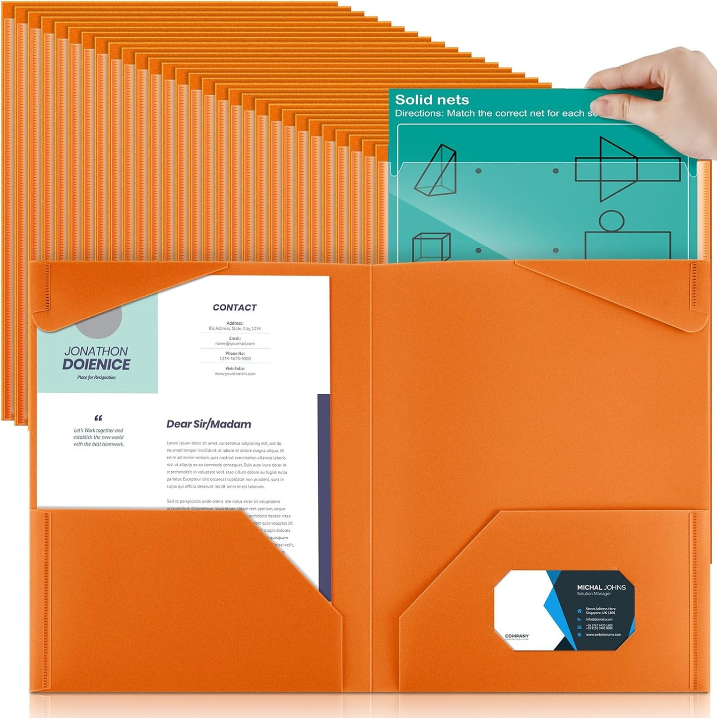 Henoyso 100 Pcs Plastic Folders with Clear Front Pockets Bulk Heavy Duty File Folders with 2 Pockets and Card Slot for Student Teacher Back to School Supplies Office Presentation (Orange)