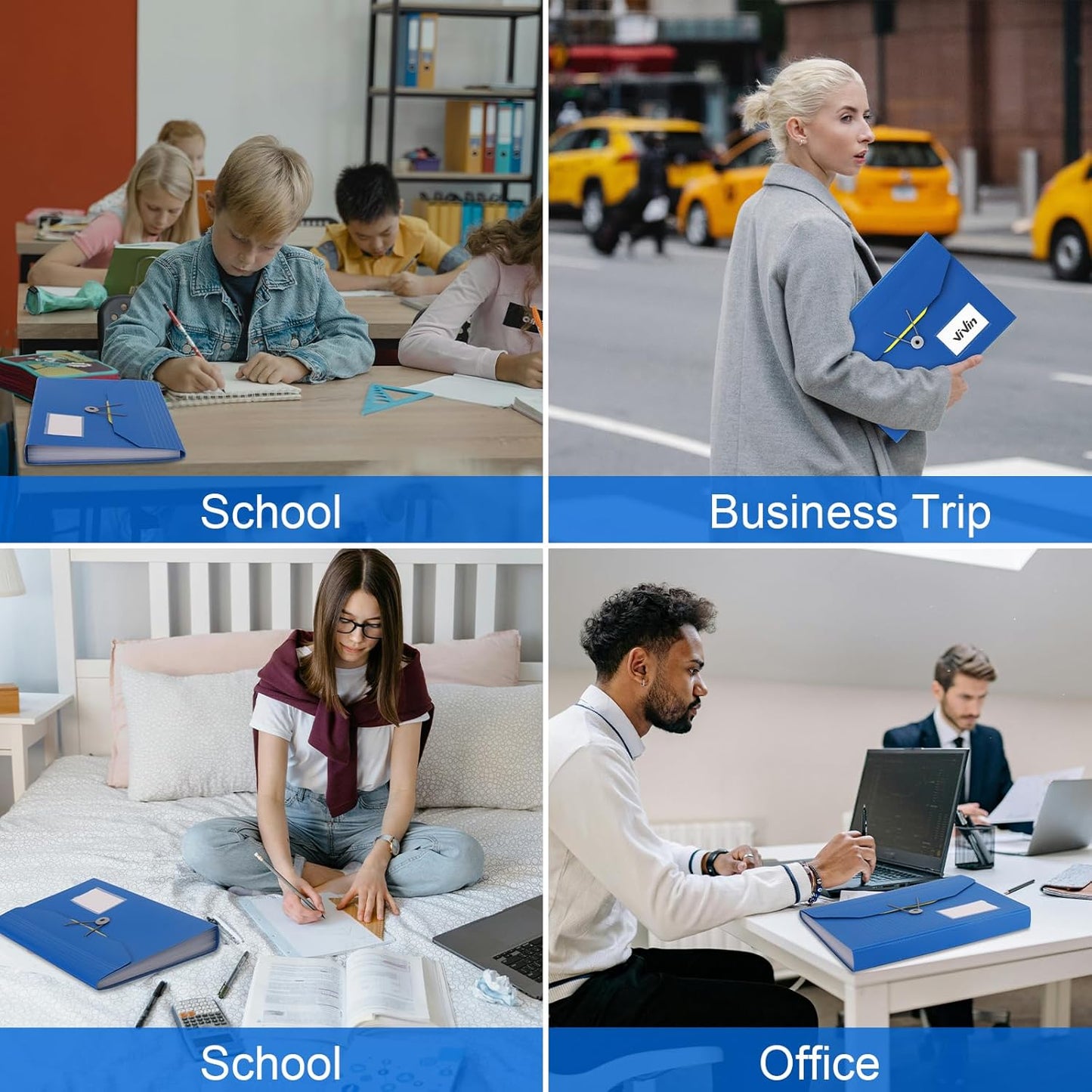 ViVin Expanding File Folder, 13-Pocket Accordion Filing Organizer with Extra Pocket & Labels, Portable Expandable Poly Folio for Documents Receipt Bills Invoice, Letter/A4 Size - Blue