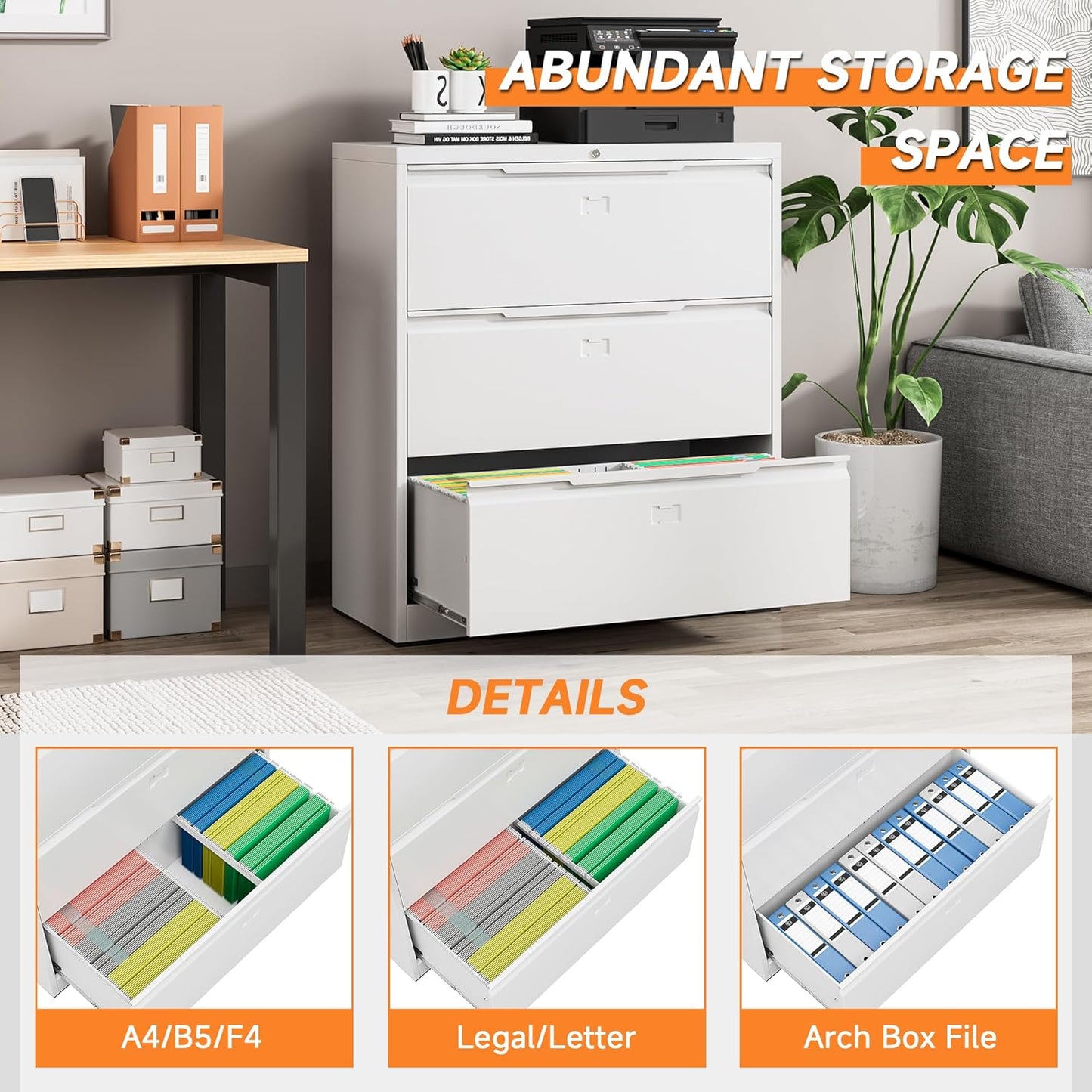 Lateral File Cabinet, 3 Drawer Lateral File Cabinet with Lock, Lockable Metal File Cabinet for Home Office, File Cabinet for Letter/Legal/F4/A4 Size (White, 3 Drawer)