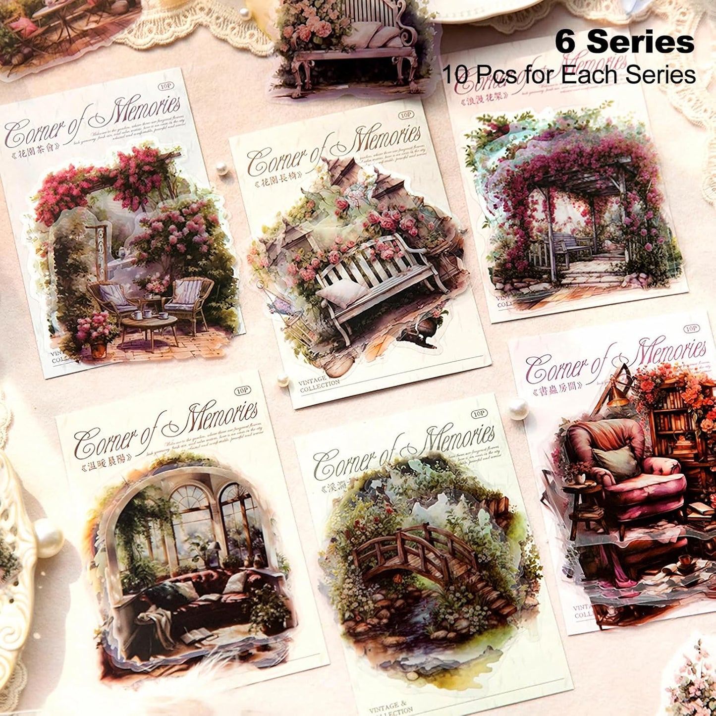 60Pcs PET Scrapbook Stickers, Vintage Aesthetic Designs for Scrapbooking Waterproof Journaling Supplies Junk Journal Ephemera with Storage Organizer