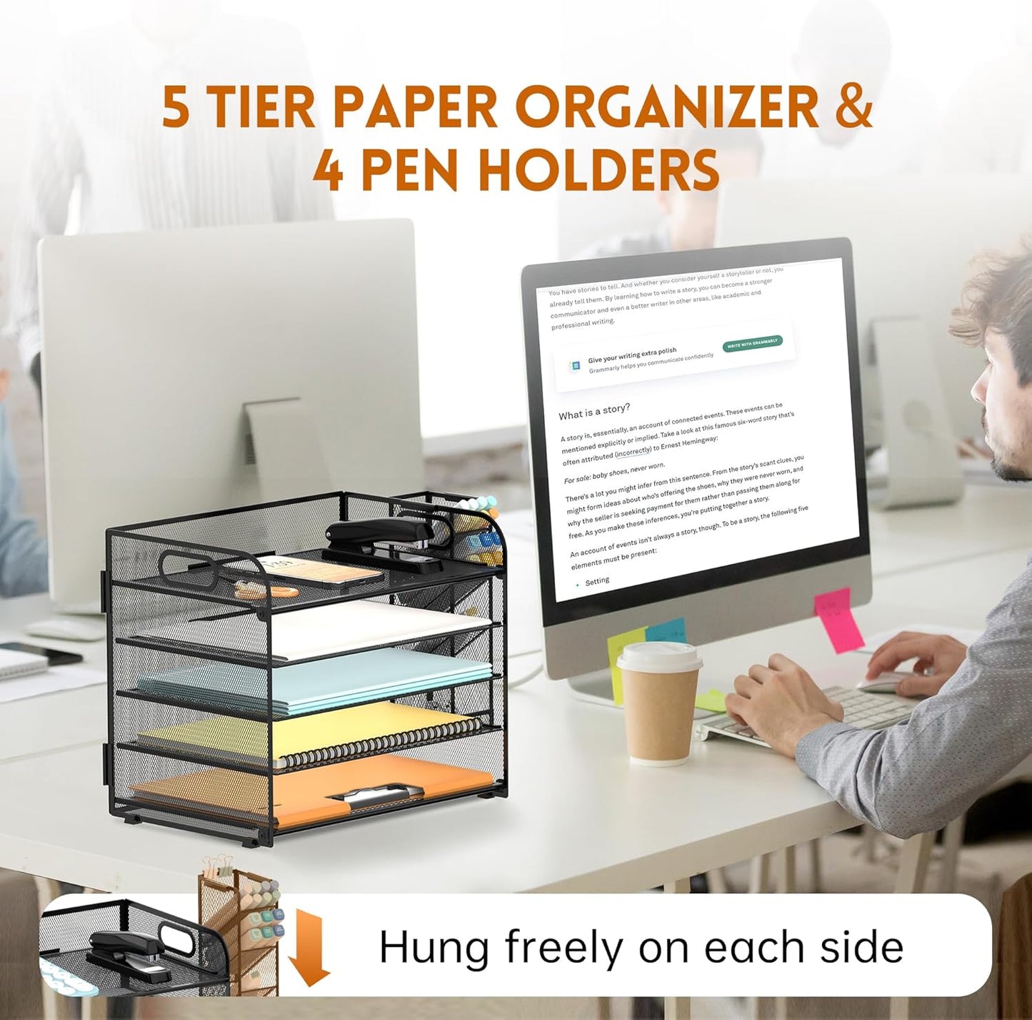 SUPEASY 5 Tier Desk Organizer with Handle & Removable Pen Holders, Mesh Paper/File Organizer for Desk, Paper Letter Tray Organizer for Office Supplies (Black)
