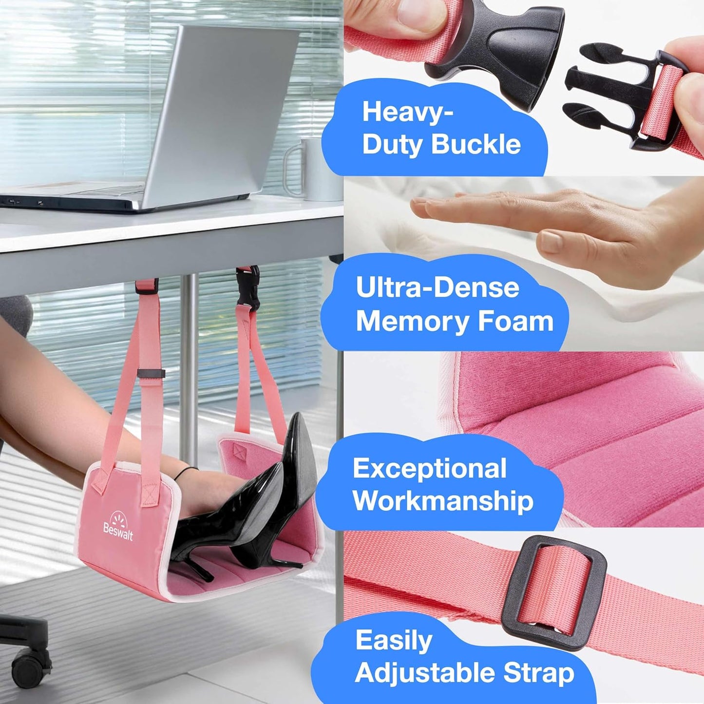 Portable Airplane Foot Hammock for Plane Travel with Memory Foam & Hardboard for No Feet or Leg Clashing - Long Flight Air Travel Essentials to Relax Feet Rest Flying Overseas by Beswalt (Pink)