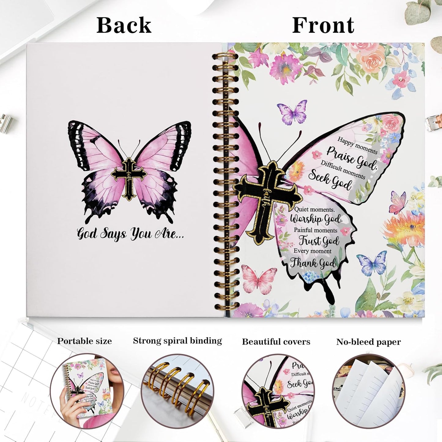 Bible Notebook, A5 Spiral Christian Journal with Floral Pink Butterfly Notebook, Bible Verse-God Says You Are, Inspirational Notebooks for Women, Bible Study, Gift for Birthday Christmas