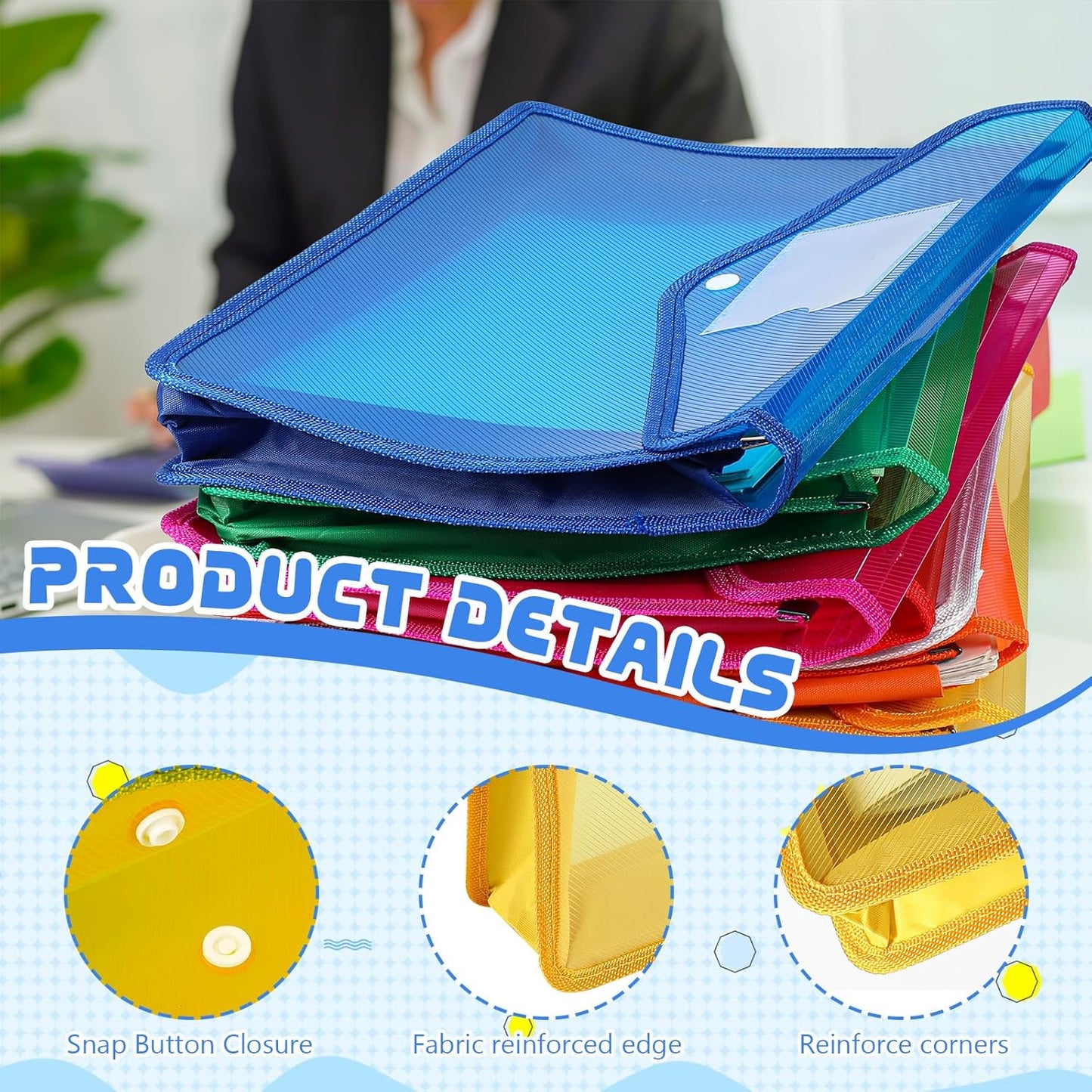 4 Pack A4 Expanding Plastic File Folders Waterproof Document Organizer with Snap Button Multiple Pockets, Office Home Office Storage (Yellow)