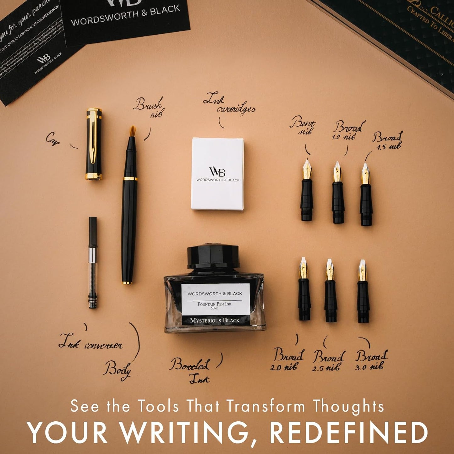 Wordsworth & Black Calligraphy Pen Gift Set, Includes Bottle, 6 Cartridges, Refill Converter, 6 Replacement Nibs, Premium Package, Journaling, Smooth Writing Pens [Black Gold]