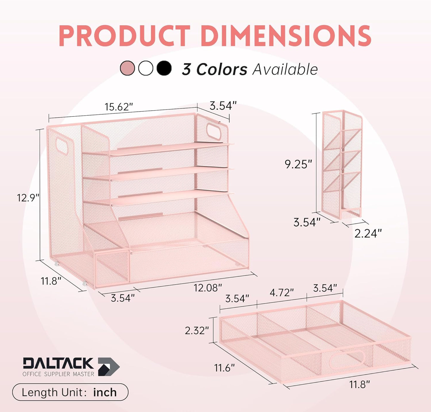 DALTACK Mesh Desk Organizer, 5-Tier Paper Letter Tray with File Holder & Pen Holder & Sliding Drawer, Desktop Organizer and Storage for Desk Accessories Office Supplies, Pink