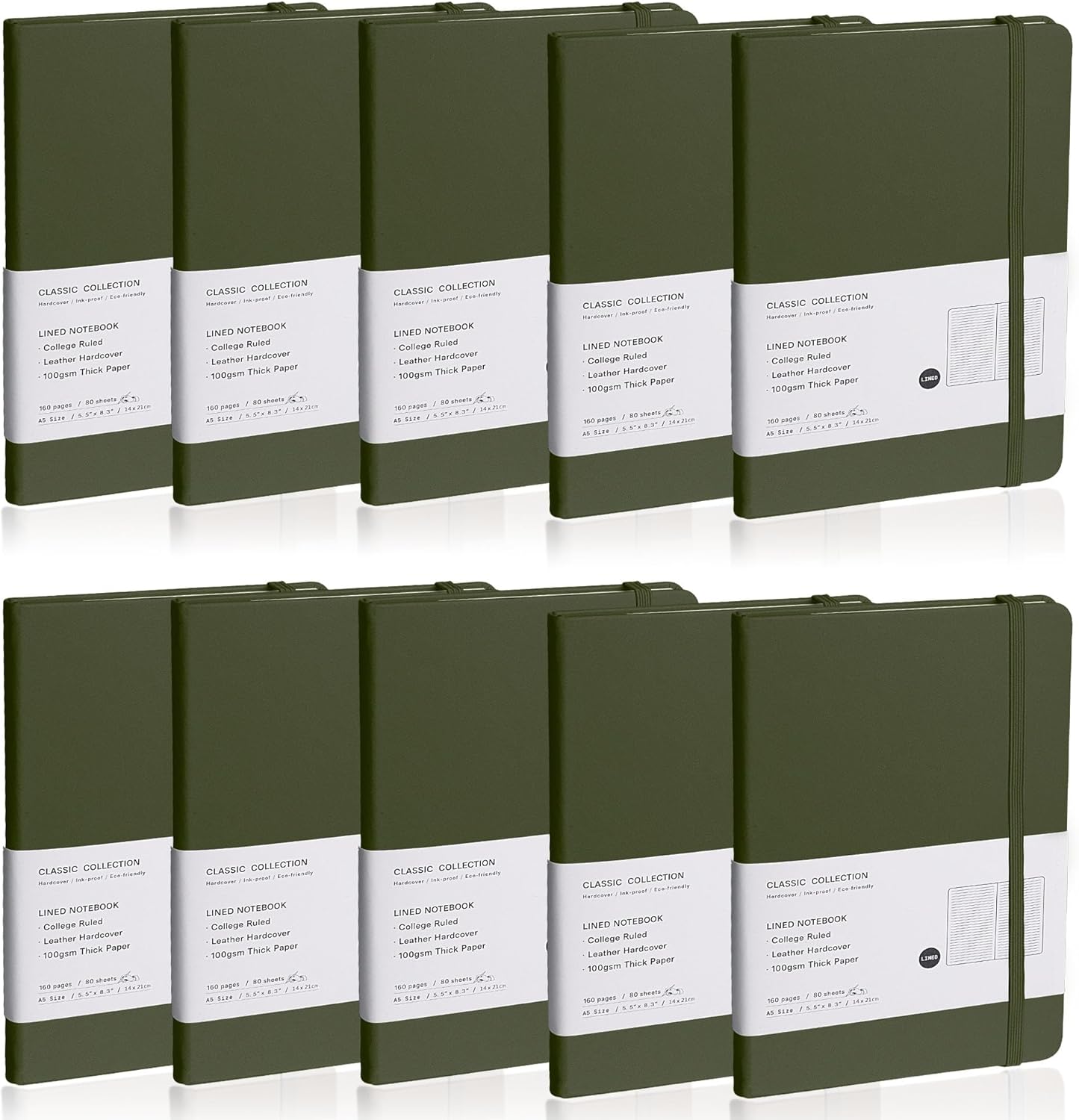 Lined Journal Notebook, 10Pack(Olive Green), 160 Pages, Medium 5.7 inches x 8 inches - 100 gsm Thick Paper, Hardcover
