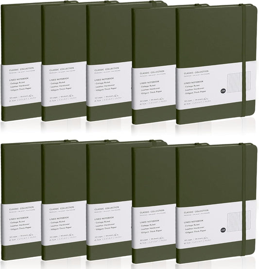 Lined Journal Notebook, 10Pack(Olive Green), 160 Pages, Medium 5.7 inches x 8 inches - 100 gsm Thick Paper, Hardcover