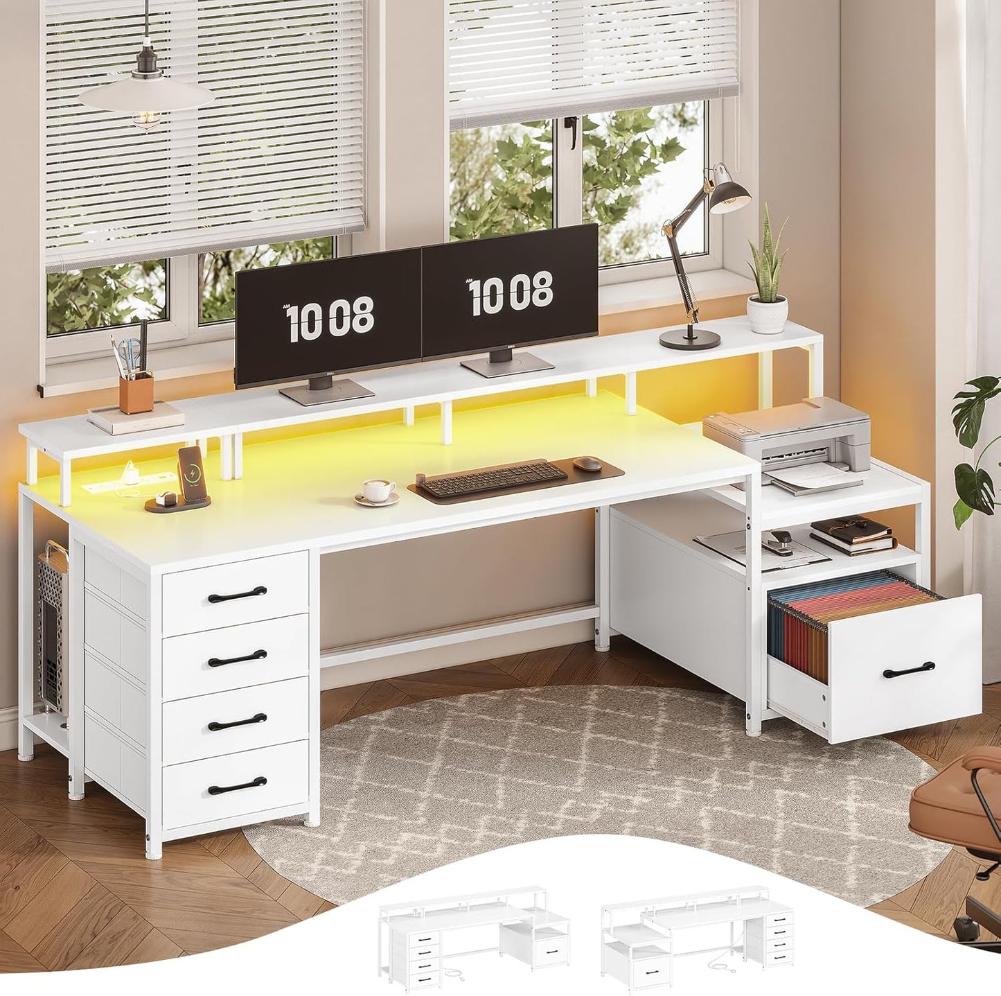 SEDETA White Computer Desk with 5 Drawer & Power Outlet, 75'' Home Office Desk with File Drawer, Storage Shelves, Printer Cabinet and Monitor Shelf, Gaming Desk with Led Lights, 23.6" W Desktop