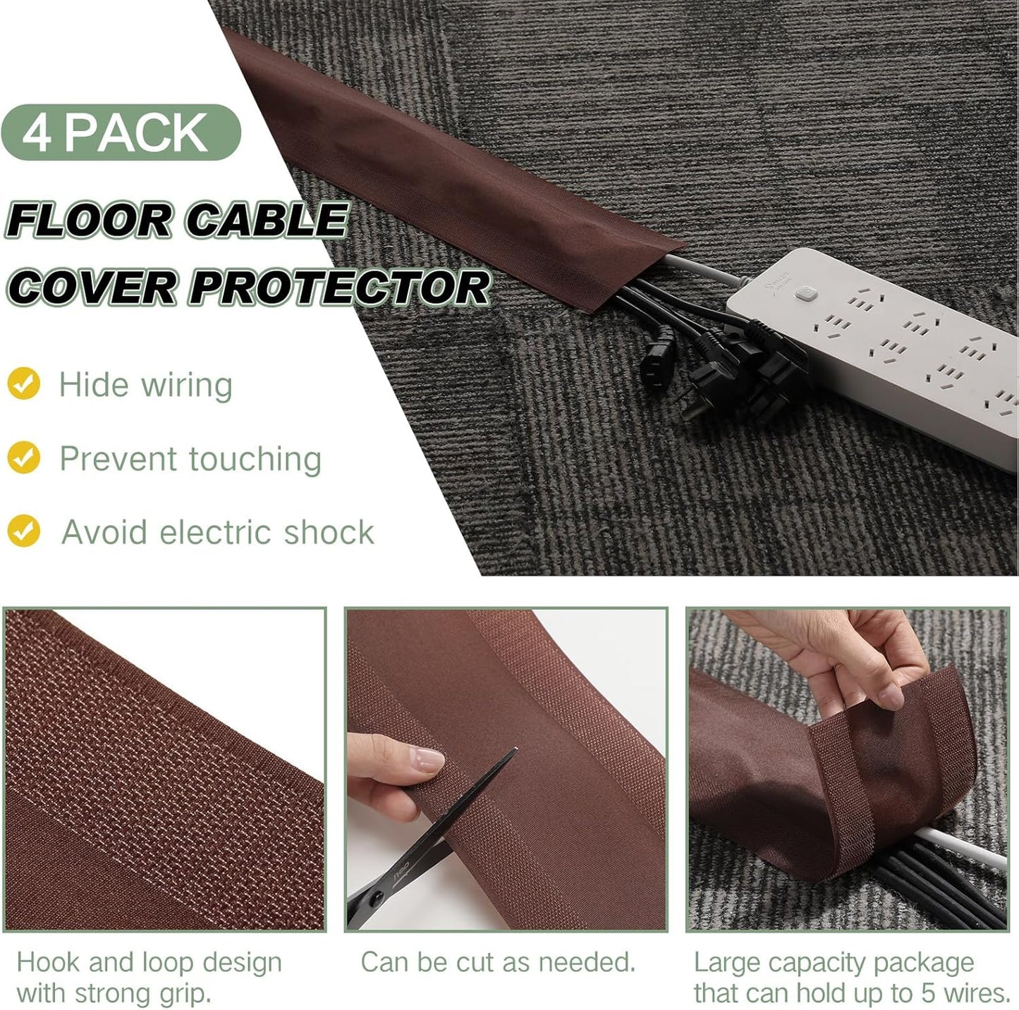 WILLBOND Grip Floor Cable Cover Cords Protector Management Only for Commercial Office Carpet(39.37 ft,Brown)