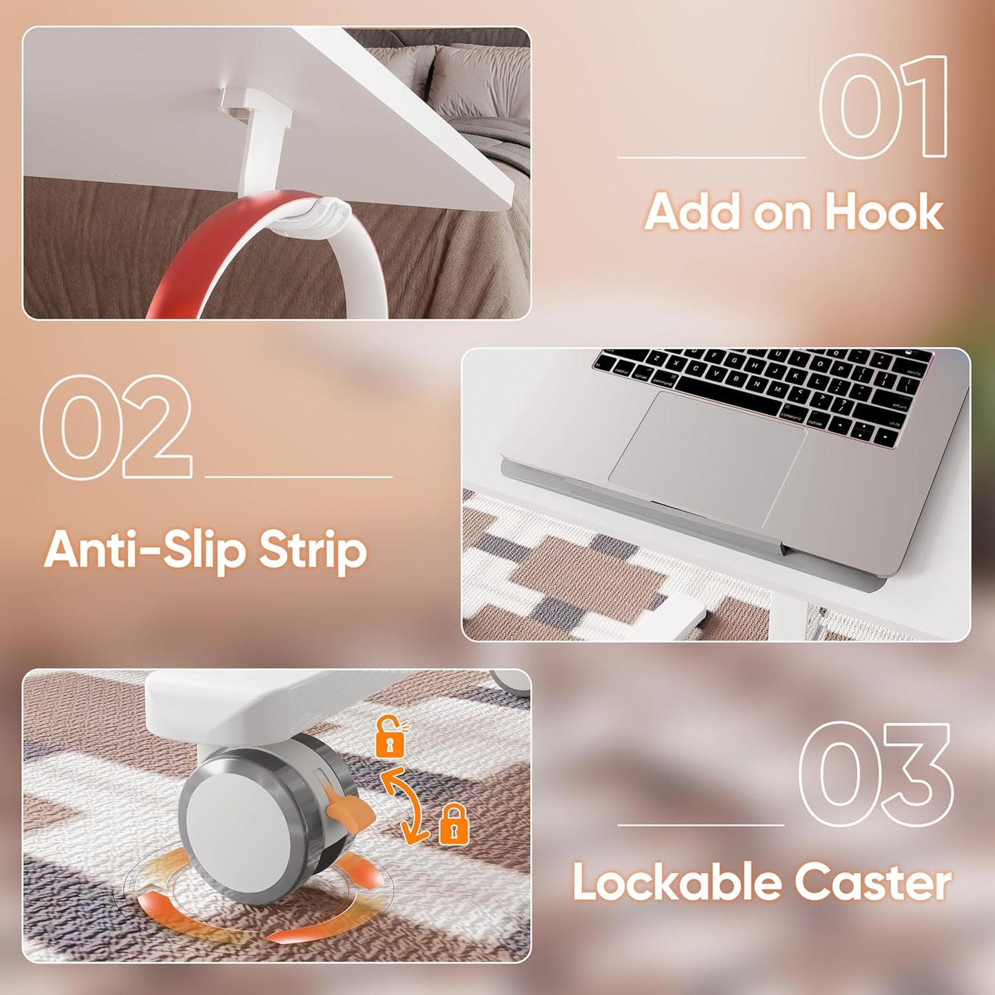 Monomi Mobile Folding Desk 25 Inch, Small Sit-Stand Height Adjustable Rolling Laptop Desk, Space-Saving Portable Desk with Wheels for Home Office Craft & Study, White