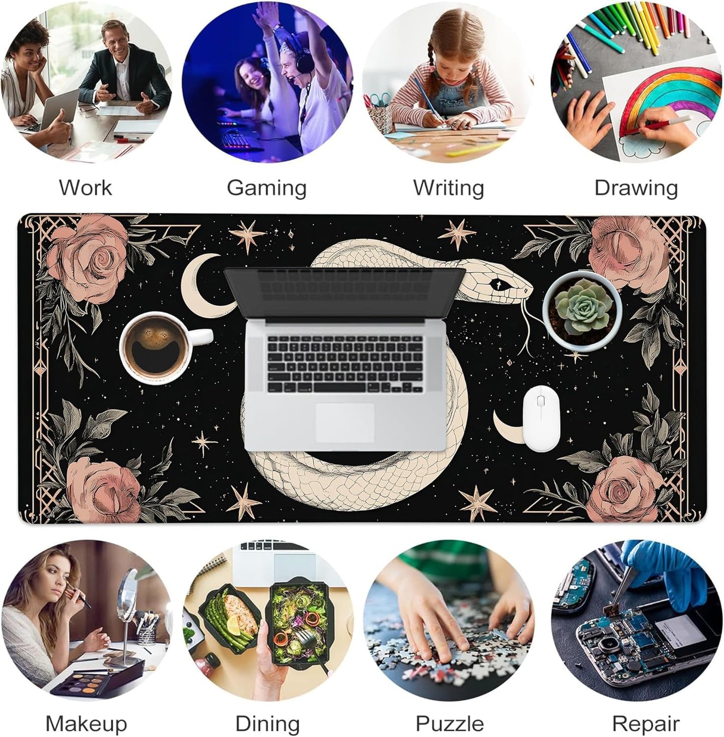 Desk Mat, Boho Gothic Snake and Pink Rose Large Gaming Mouse Pad with Non-Slip Base Stitched Edges,Desk pad for Keyboard and Mouse Home Office 35.4"x15.7"