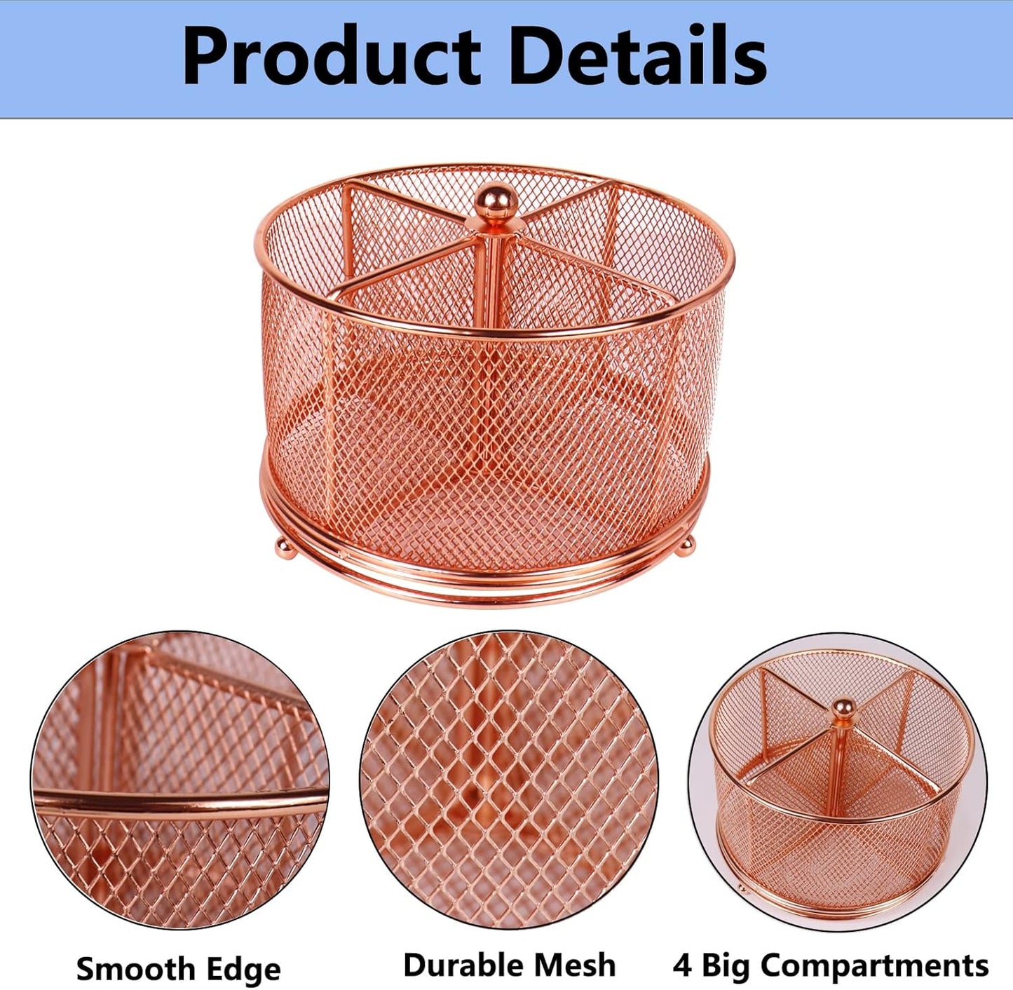 Rose Gold Pen Holder for Desk, Mesh Rotating Desk Pencil Marker Organizer, Large Capacity Stationery Storage Office Supplies Organization, 4 Compartments for Women Kids Students Teachers