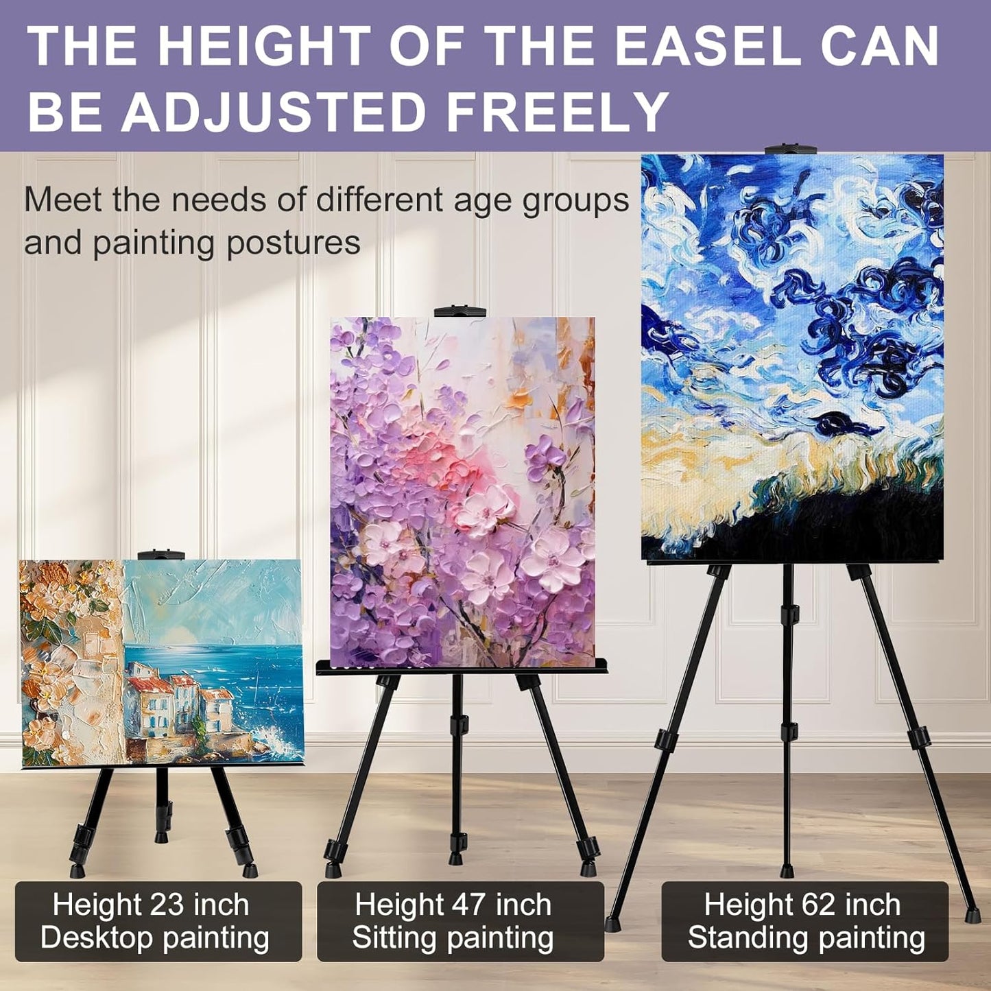 AROIC 6 Pack Painting Display Easel Stand Portable Adjustable Metal Tripod Artist Canvases Height from20to66Inch Extra Sturdy forTable-Top/Floor Painting, Drawingand Displaying,Black with 6StorageBag