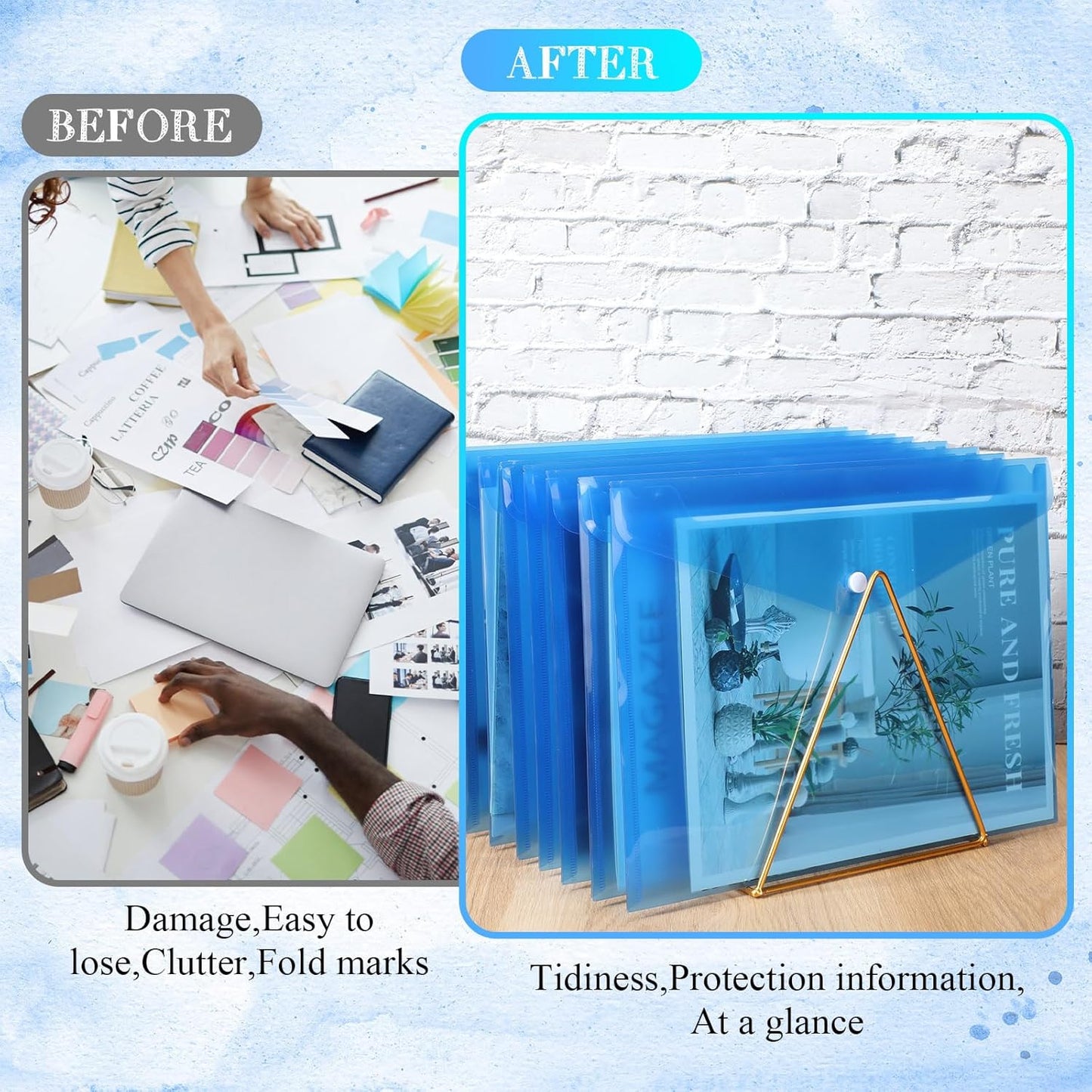 Zhehao 100 Pcs Clear Envelopes with Snap Button Closure A4 Letter Size Plastic Envelope Folder Poly Document File Folders for Home Office(Blue,Simple Style)