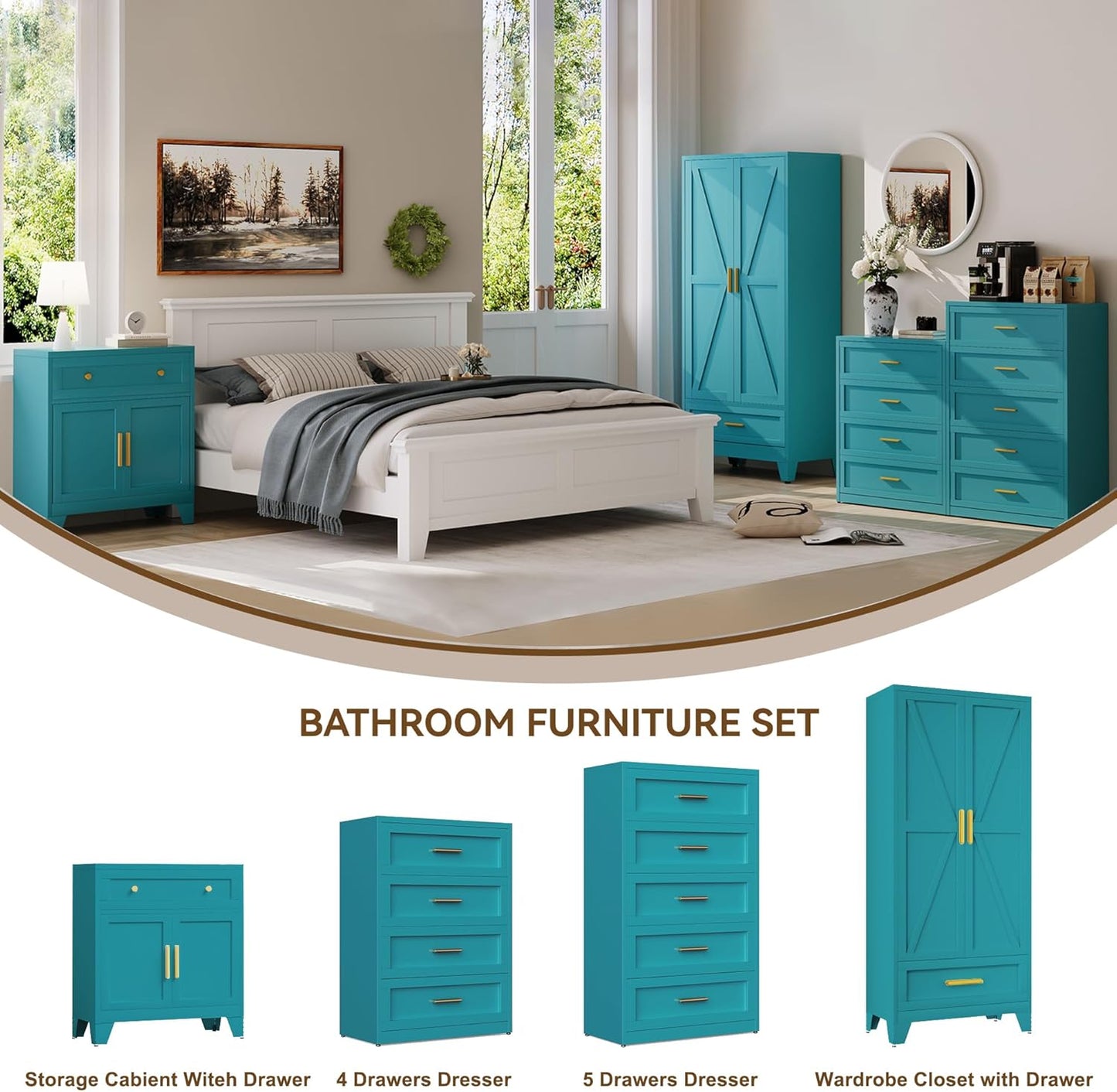 Farmhouse Wardrobe Cabinet with 2 Drawers,Metal Wardrobe Closet with Hanging Rod,Metal Armoire with Adjustable Shelves for Bedroom,Living Room, Cloak Room,Office (Blue)