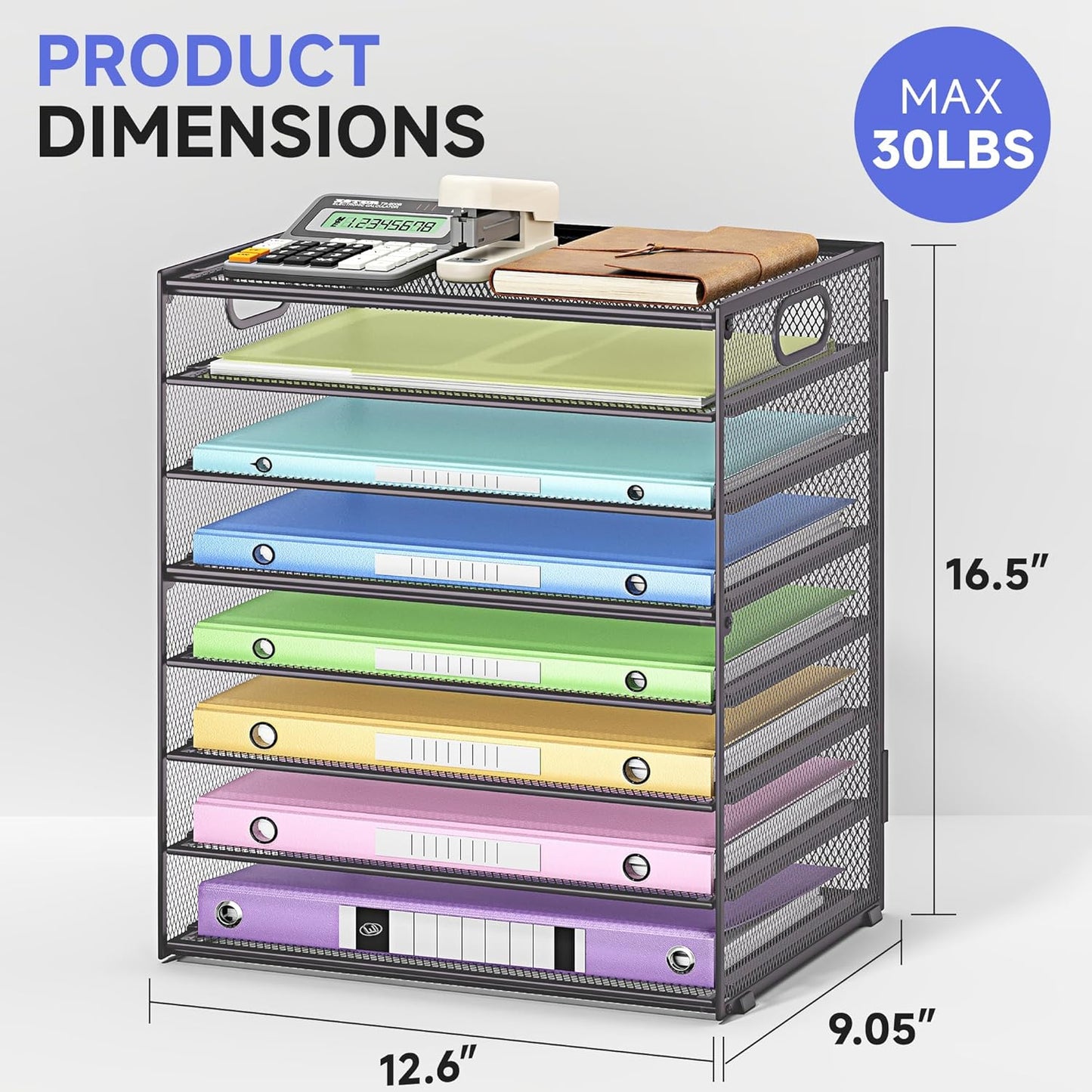 8 Tier Paper Organizer with Handle, Metal Mesh Desk File Organizer, Large Capacity Desk Organizers Paper Letter Tray Desktop Document Sorter for Office, Home or School-Grey