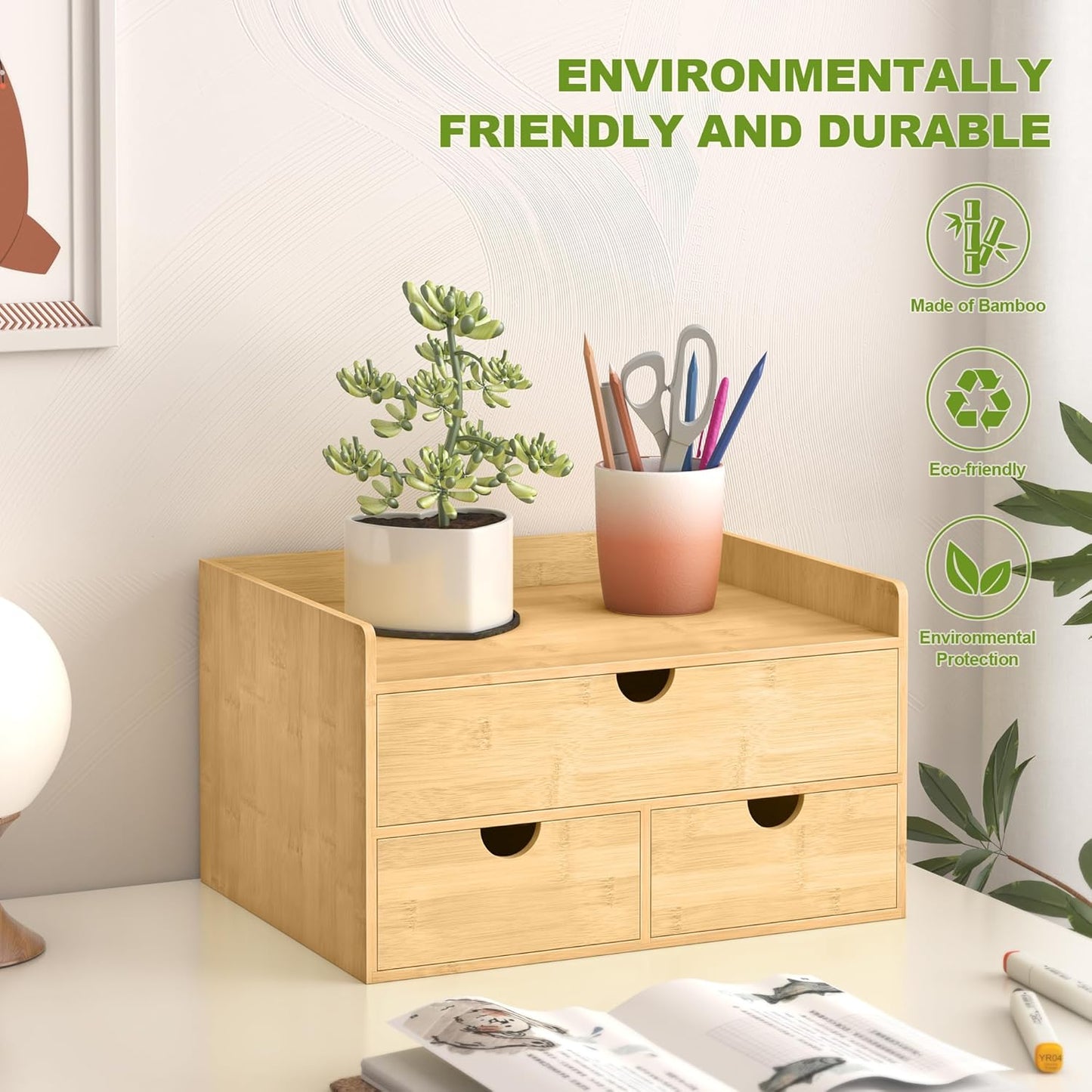 Bamboo Desk Drawer Organizer, Large Desktop Organizer with Drawers Tabletop Storage Organization Box for Office Home Toiletries Supplies Vanity, No Assembly Required (3 Drawer with Shelf)