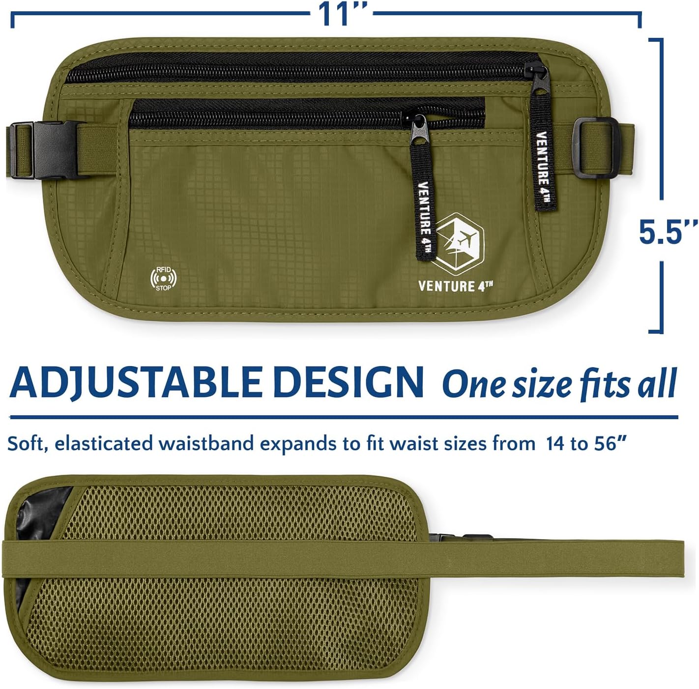 VENTURE 4TH Travel Money Belt - Slim Passport Holder RFID Blocking Travel Pouch to Protect Cash, Credit Cards and Travel Documents (Green)