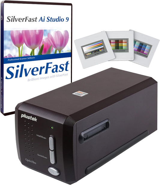 Plustek OpticFilm 8300i Ai Film Scanner - Converts 35mm Film & Slide into Digital, Bundle SilverFast Ai Studio 9 + QuickScan Plus, Include Advanced IT8 Calibration Target (3 Slide)