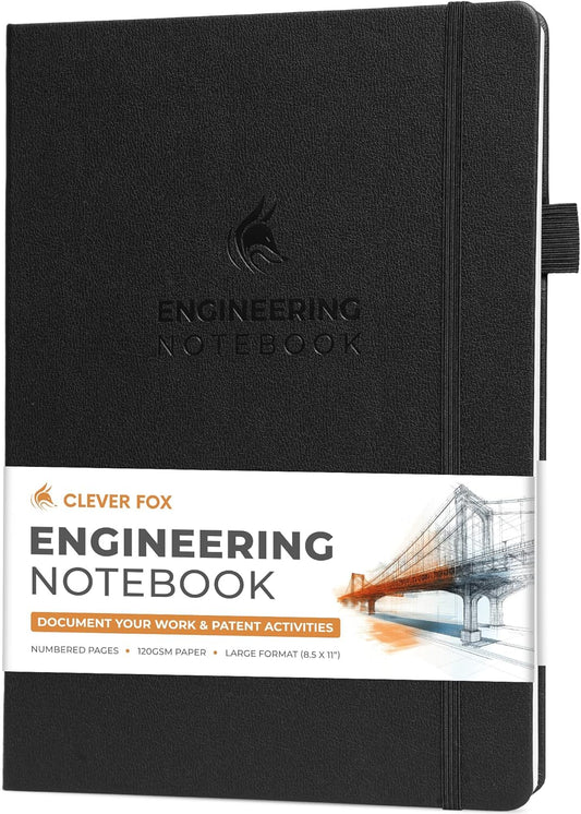 Clever Fox Engineering Notebook – Hardcover Grid Notebook with Numbered Pages, Table of Contents – Patent, Lab & Invention Journal for Engineers & STEM (Black)