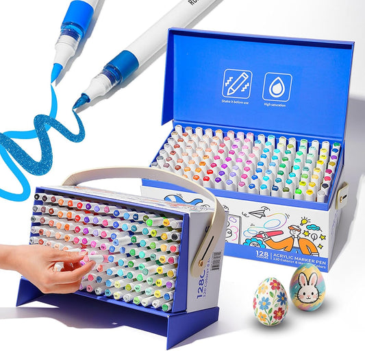 ROSYMENG Acrylic Paint Markers, 120 Colors + 8 Metal Colors - Large Ink Capacity, High Coverage with Brush Tip Acrylic Paint Pens, Suitable for Wood, Glass, Rock, and Fabric - Student School Supplies