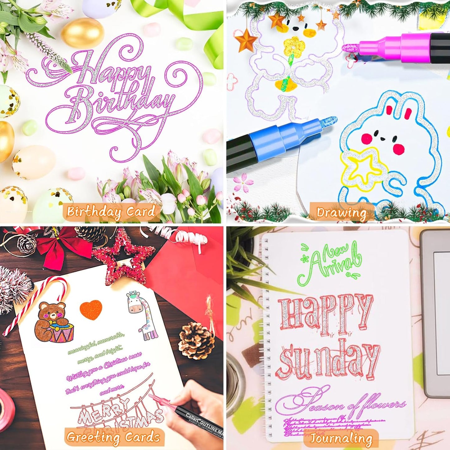 Caliart Outline Glitter Markers, 24 Colors Shimmer Metallic Glitter Pens Tween Teen Girl Gifts Trendy Stuff, Cool Fun Craft Arts Supplies Set for Kids 4-6-8-10-12