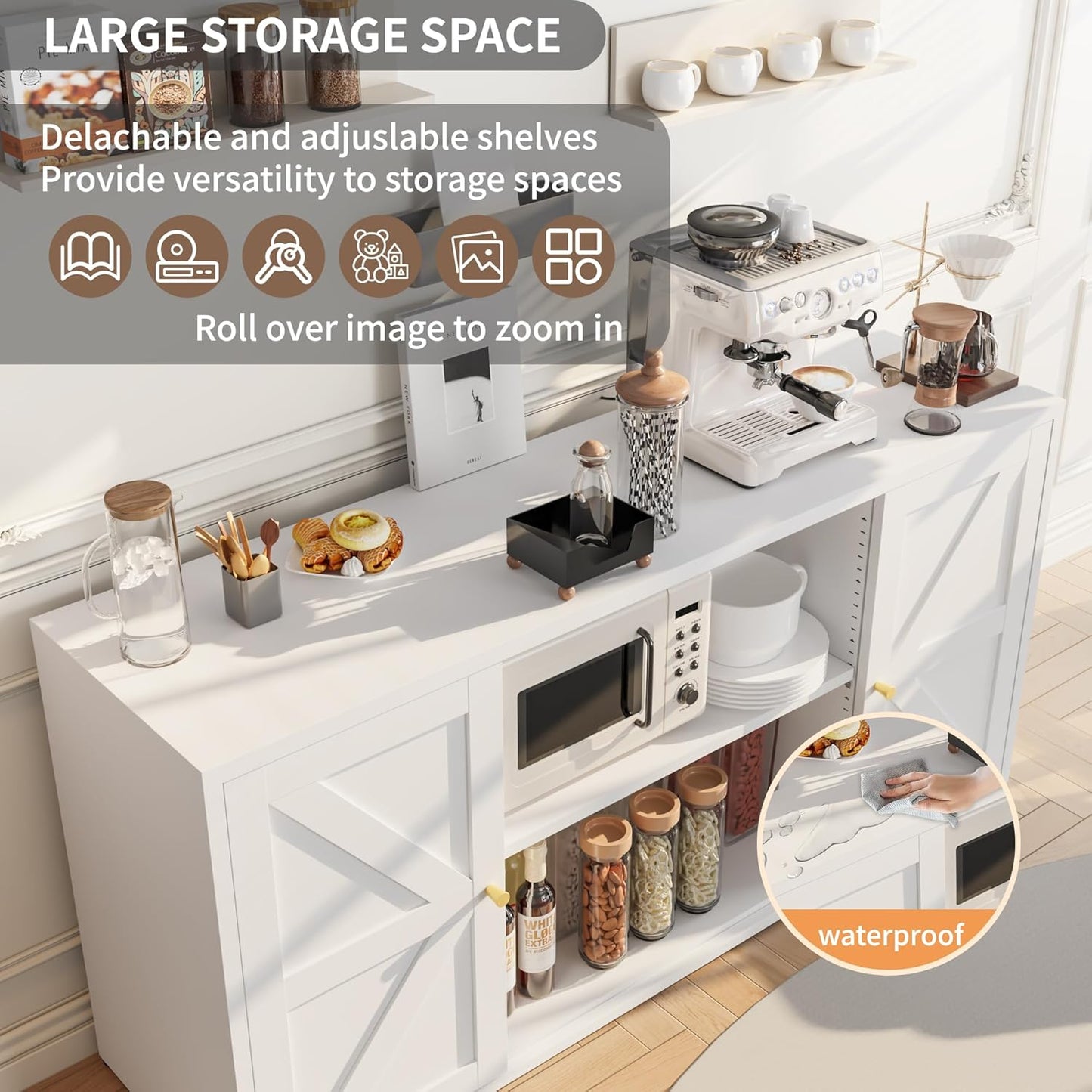 Metal Storage Cabinet with 2 Barn Doors,Farmhouse Sideboard Buffet Cabinet,Pantry Storage Cabinets with Drawers and Shelves, Coffee Bar for Kitchen, Dining Room,Living Room,White TV Stand