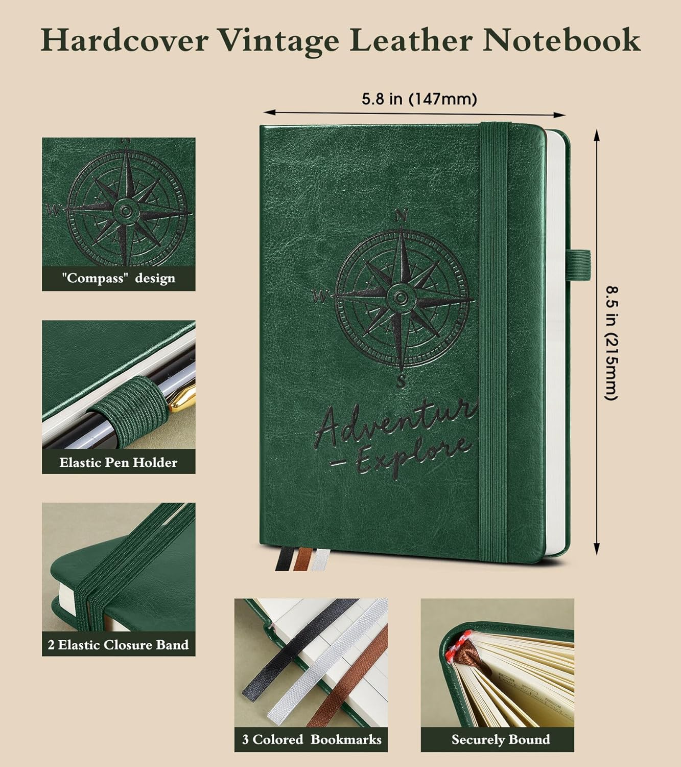 Lined Journal Notebook for Men Women, 160 Pages Ruled Paper, Inner Pocket, A5 Hardcover Vintage Leather Notebooks for Work, School, Travel Journaling, Daily Diary, Notepad 5.8" x 8.5" (Green)