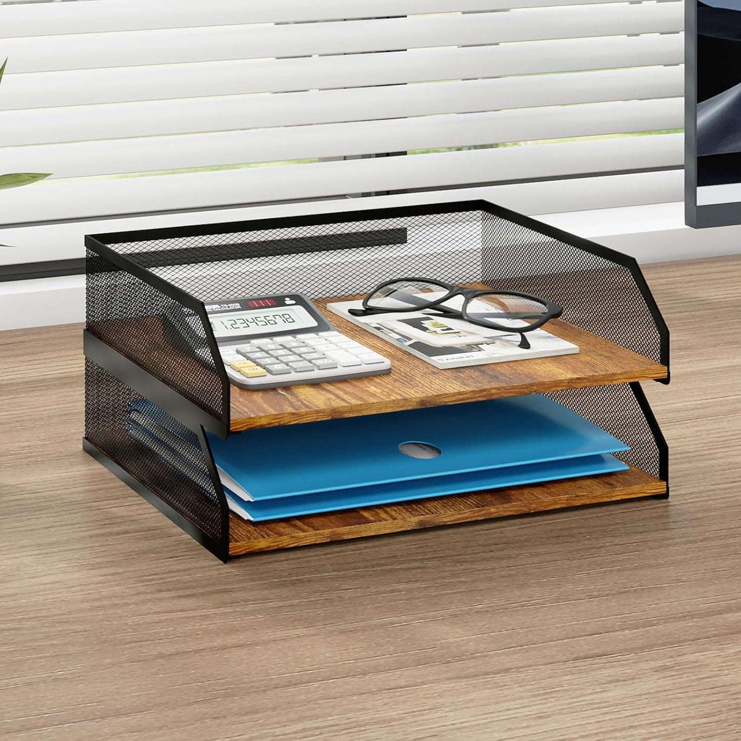 Natwind 2-Tier Stackable Paper Tray, Metal Mesh Desktop Organizer, Paper Sorter, Letter Trays,File Document Storage Rack for for Home, Office, School (Retro)