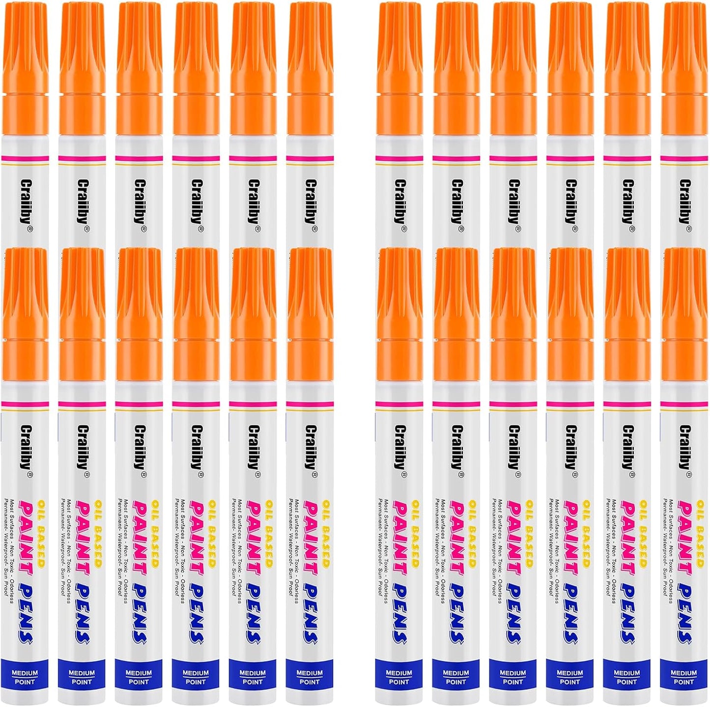 Orange Paint Markers, 24 Pack Oil-Based Waterproof Quick Dry Permanent Paint Pen Set for Rocks Painting, Wood, Fabric, Plastic, Canvas, Glass, Mugs, Metal, Tire, Stone, DIY Craft