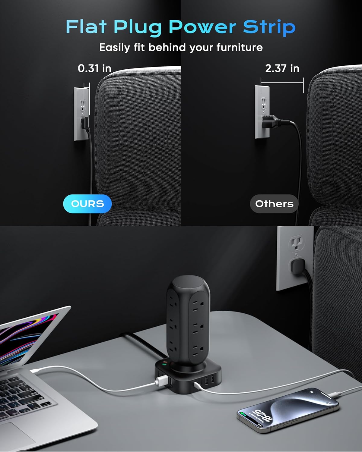 Tower Surge Protector Power Strip,12 AC Outlets & 8 USB Ports, Flat Plug 5FT Extension Cord with Multiple Outlets, 24W Outlet Extender Overload Protection for Home Office Room