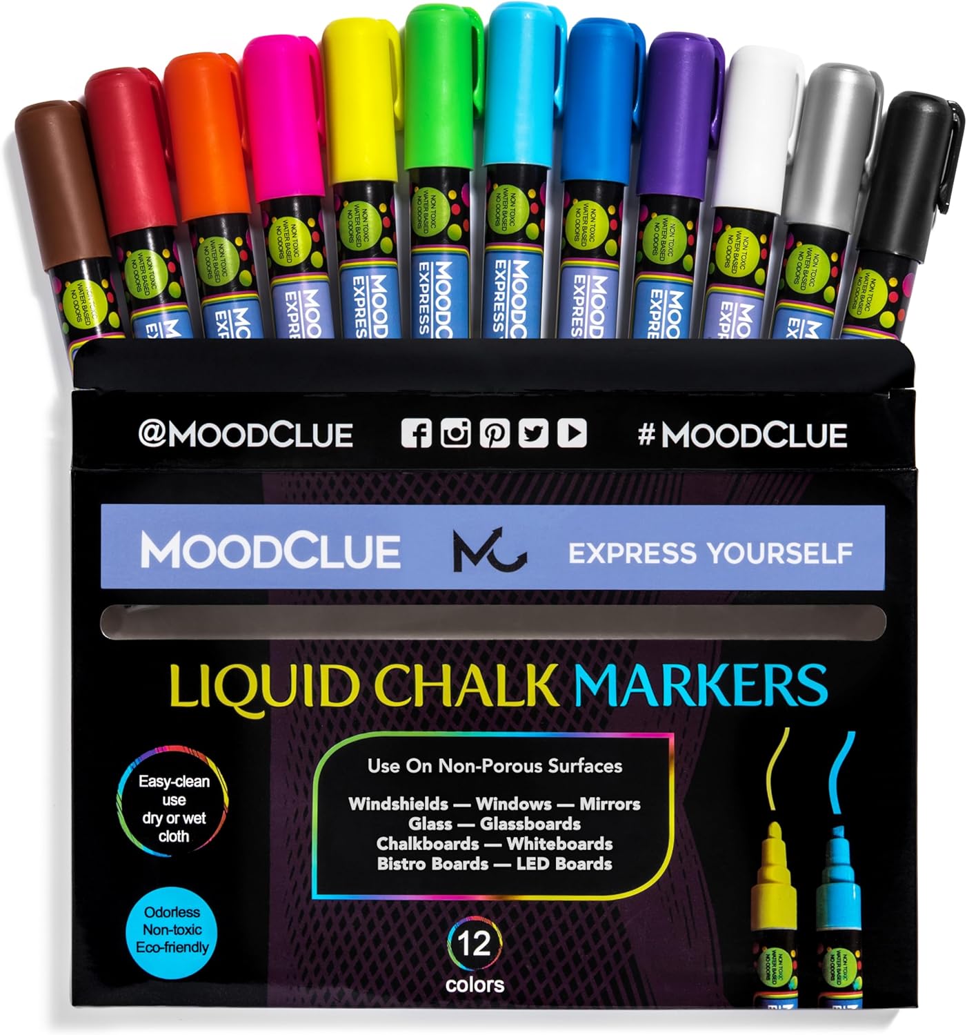 Liquid Chalk Markers Neon 12 Pack. Bold Wet & Dry Erase Marker Pens. Erasable and Washable Chalkboard Markers for Windows, Mirrors, Glass, Whiteboards. Reversible Thick and Fine Tip.