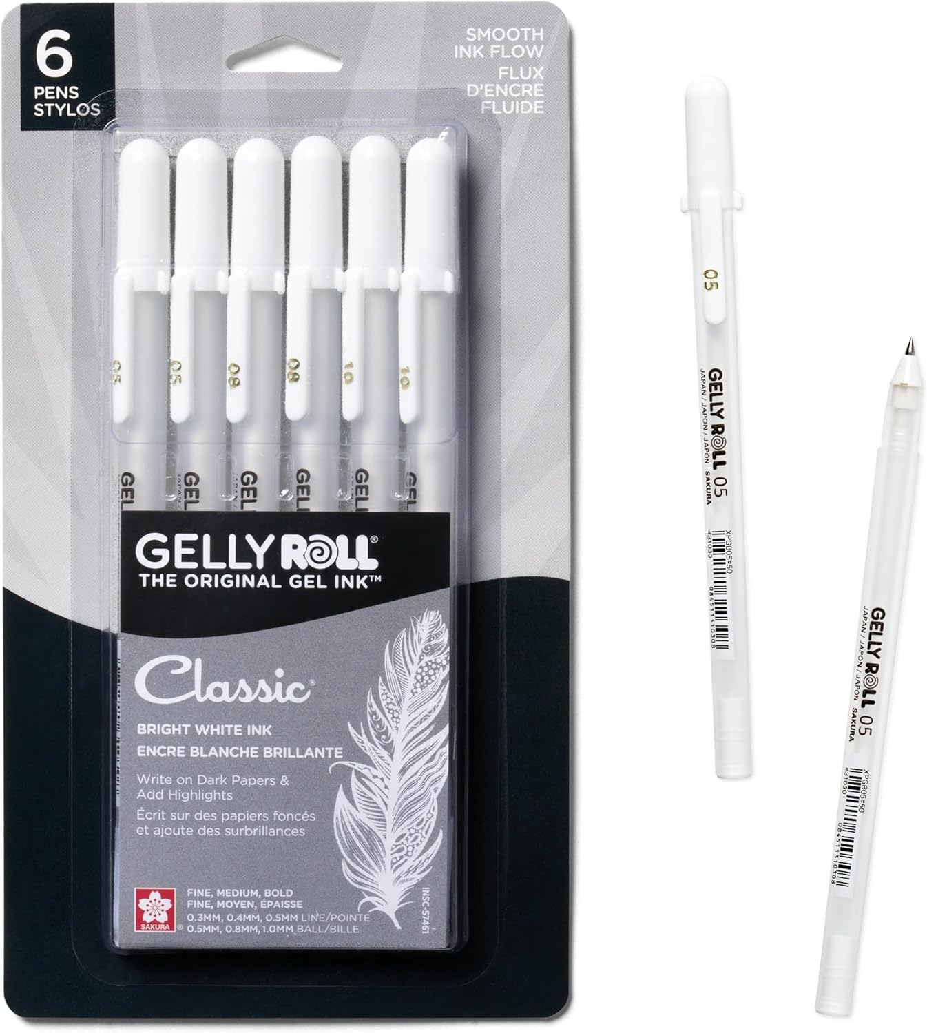 SAKURA Gelly Roll Gel Pens - Fine, Medium & Bold Tip Ink Pens for Journaling, Art, or Drawing - Classic White Ink - 05/08/10 Assorted Tip Sizes - 6 Pack