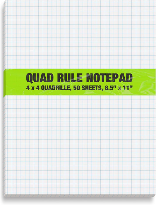 Better Office Products Graph Paper Pad, 8.5" x 11", 50 Sheets, Double Sided, White, 4x4 Blue Quad Rule, Easy Tear, Grid Paper, Graph Paper